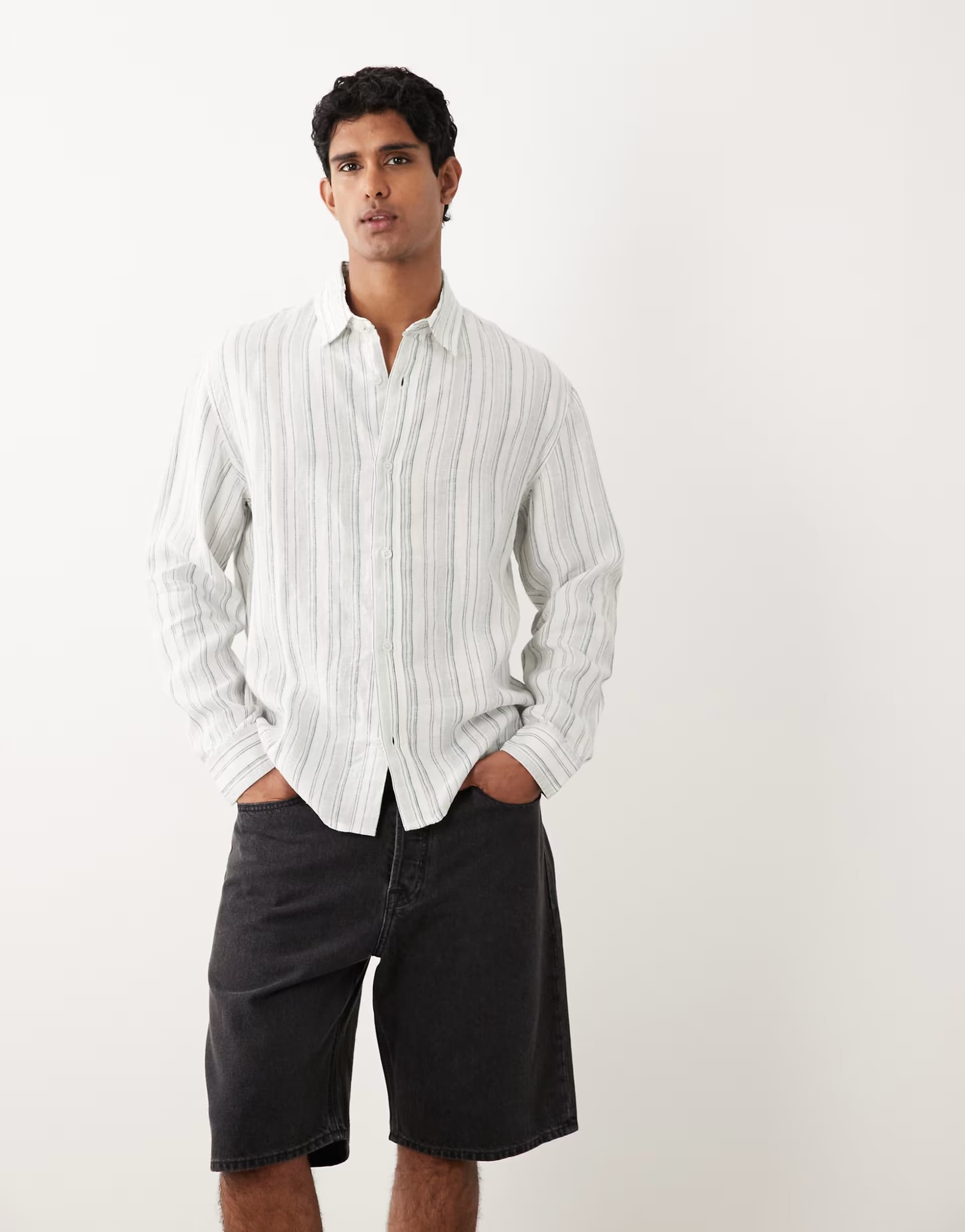 ASOS Abercrombie & Fitch 100% linen shirt in green and white stripe