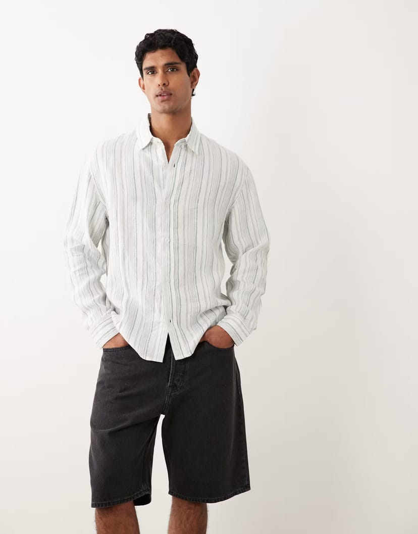 ASOS Abercrombie & Fitch 100% linen shirt in green and white stripe - 1