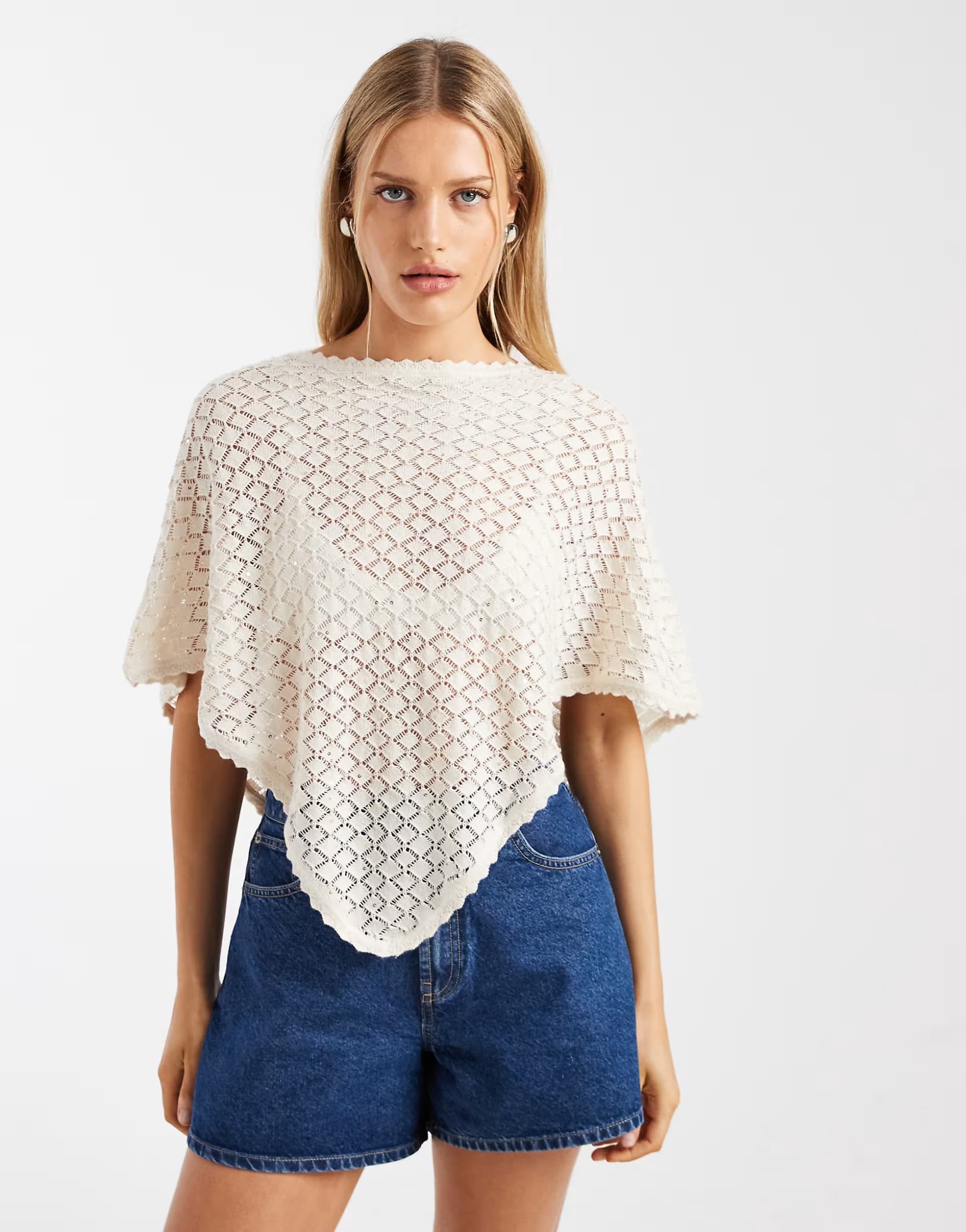 ASOS Hollister knitted crochet poncho in beige