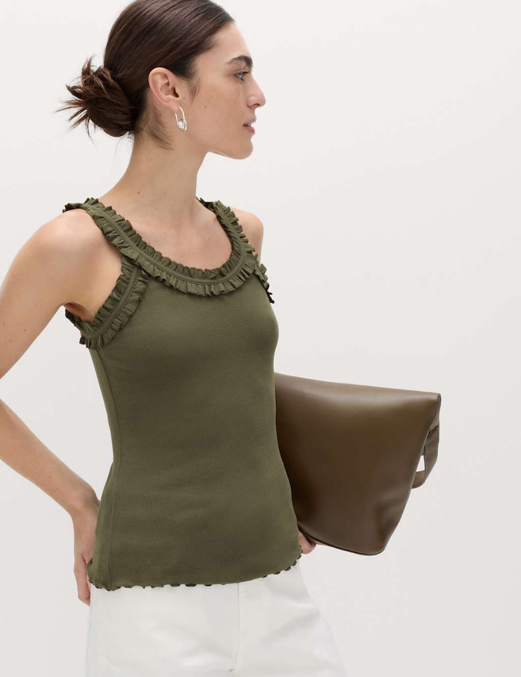 Marks & Spencer M&S Cotton Rich Frill Strap Vest in Dark Olive