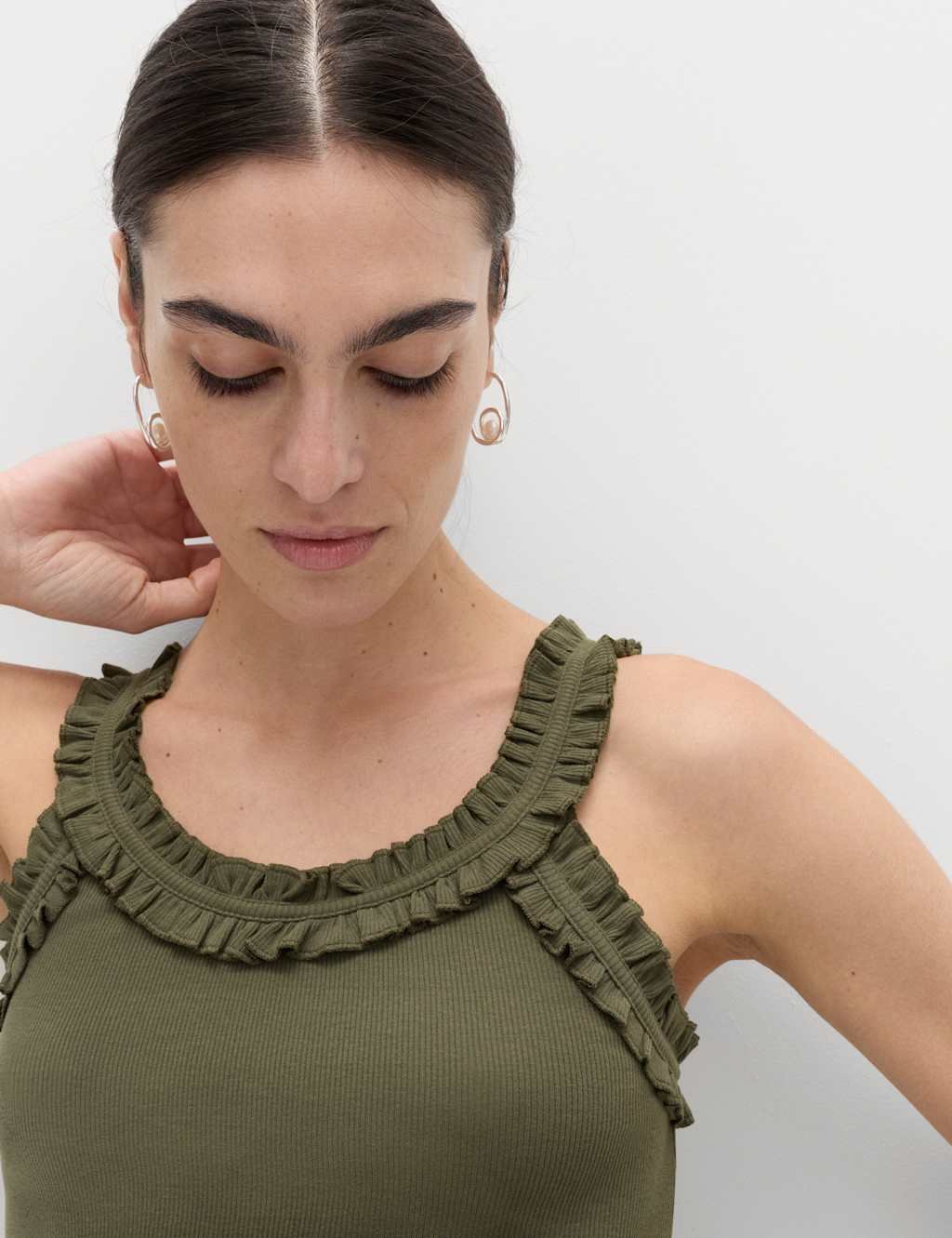 Marks & Spencer M&S Cotton Rich Frill Strap Vest Dark Olive - 2