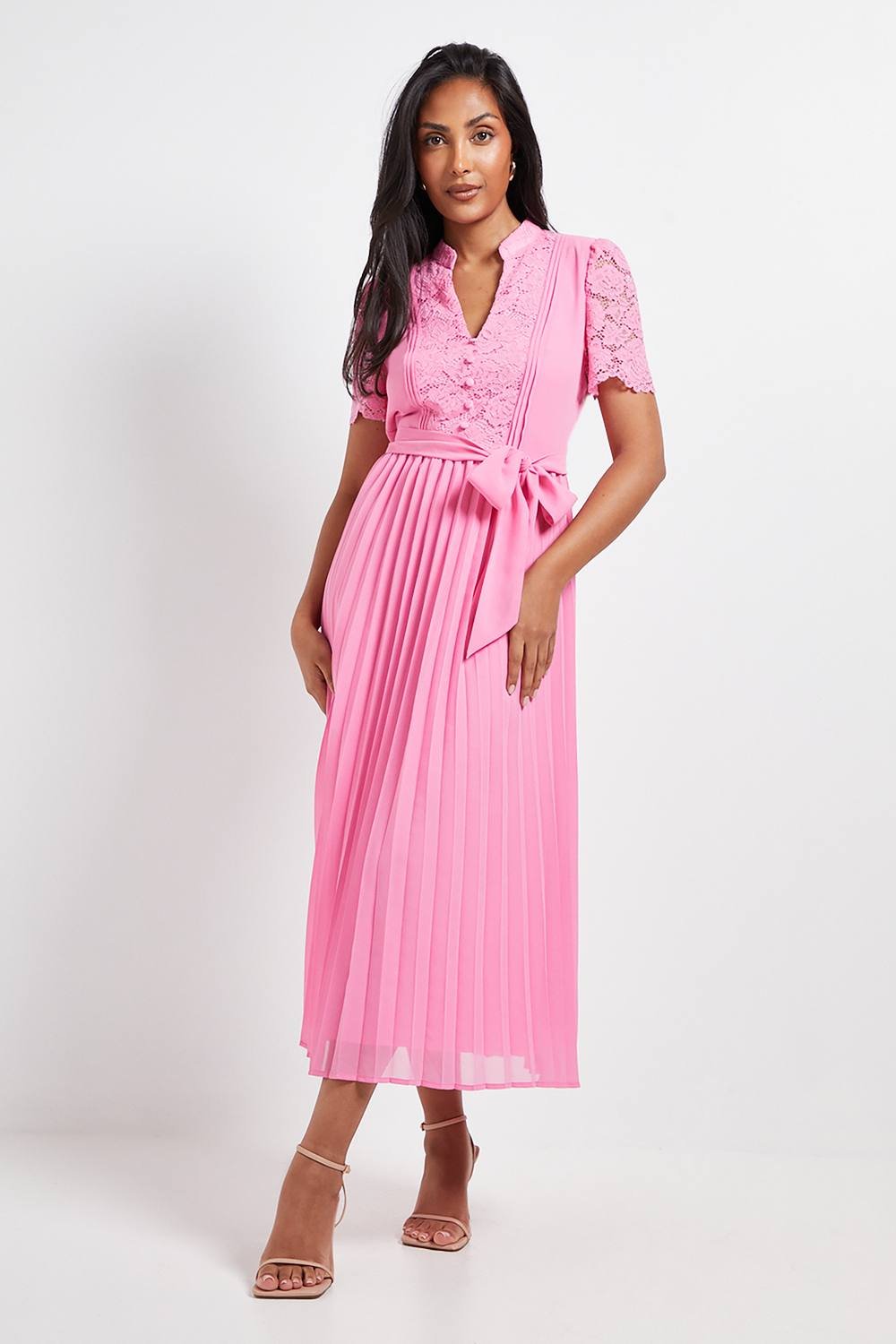 Wallis Wallis Women's Petite Lace Collarless Pleated Midi Dress in Pink - 2