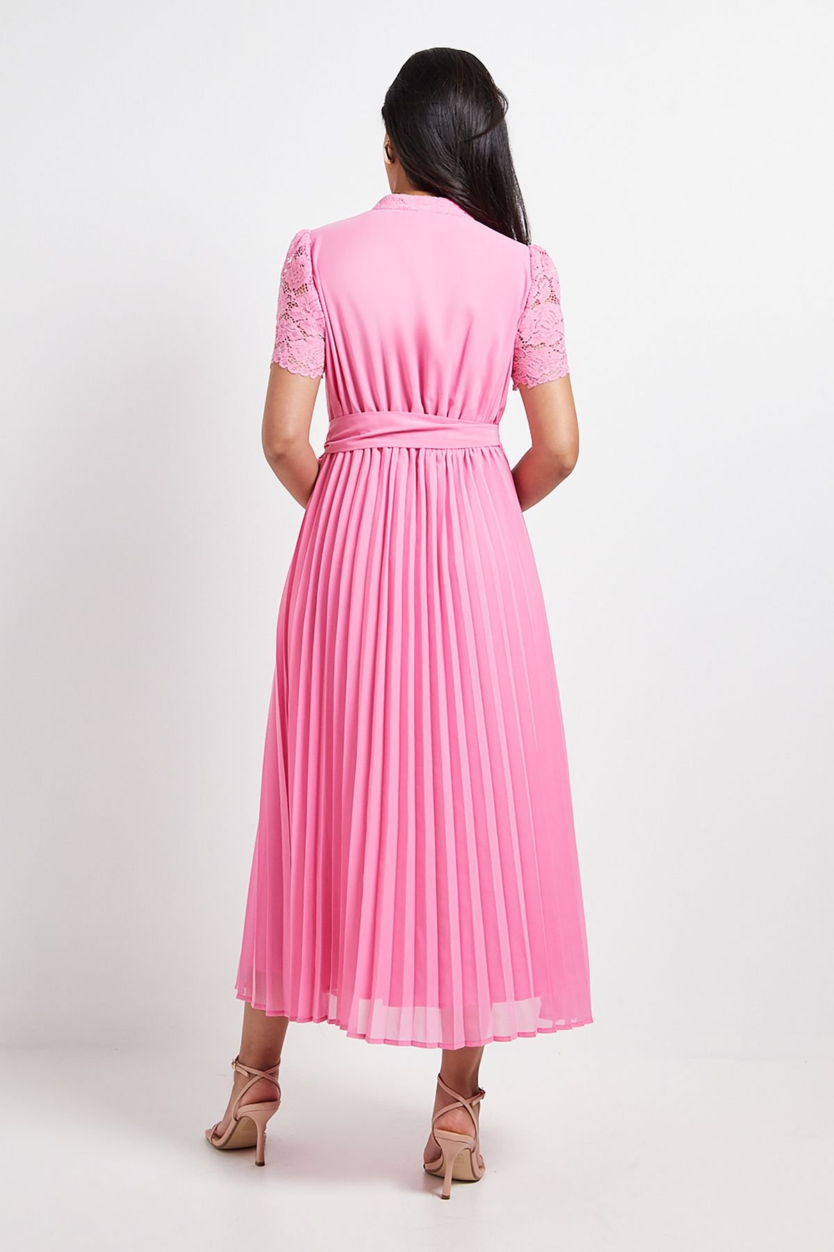 Wallis Wallis Women's Petite Lace Collarless Pleated Midi Dress in Pink - 3