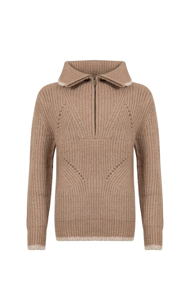 Weird Fish Weird Fish Women's Reza 1/4 Zip Knitted Jumper in Light Brown - 2