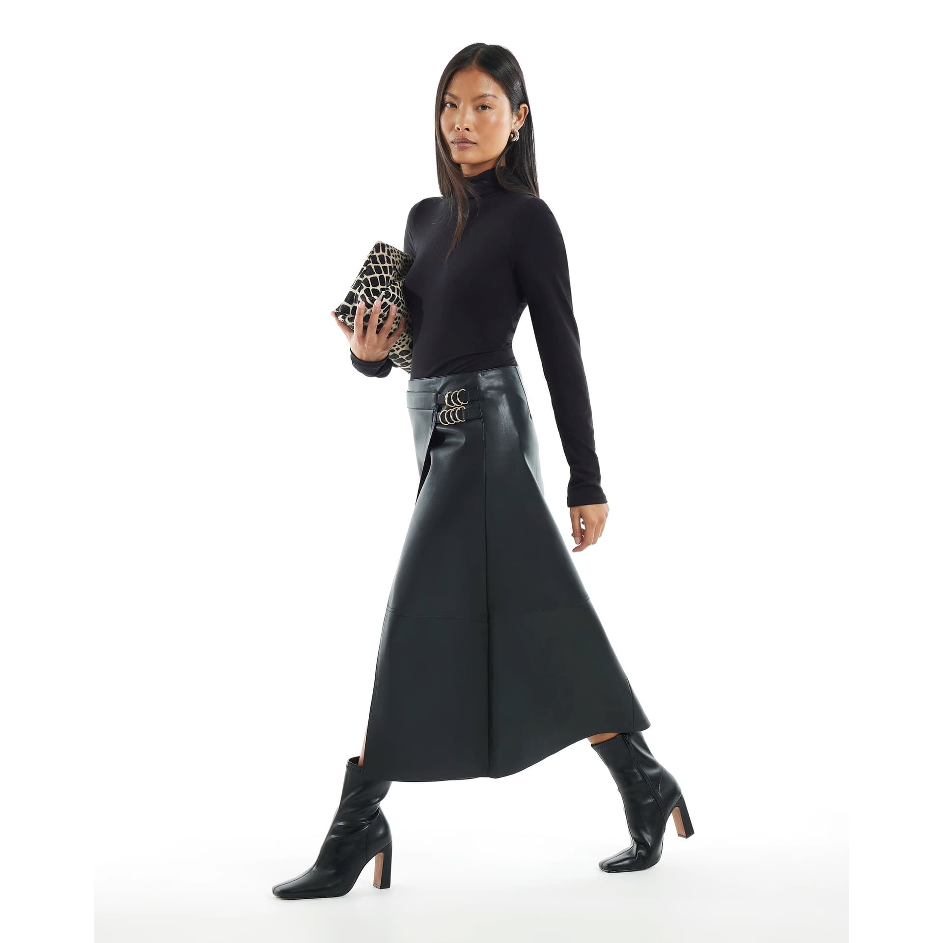 River Island River Island Womens Petite Black Faux Leather Buckle Wrap Skirt