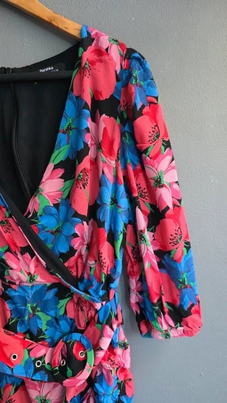Bershka Bershka Multicolour Floral Ruched Belted V Neck Mini Dress UK 12 L Party
