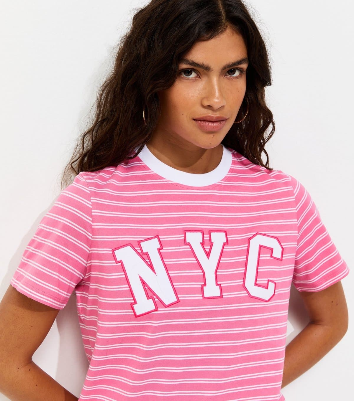 New Look Women's Pink Cotton Striped NYC Relaxed Fit T-Shirt New Look