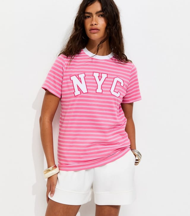 New Look Women's Pink Cotton Striped NYC Relaxed Fit T-Shirt New Look - 2