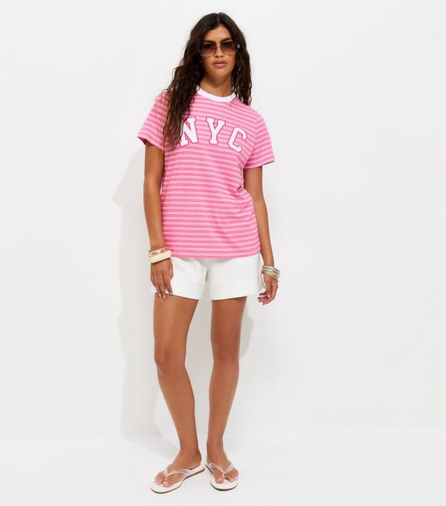 New Look Women's Pink Cotton Striped NYC Relaxed Fit T-Shirt New Look - 3