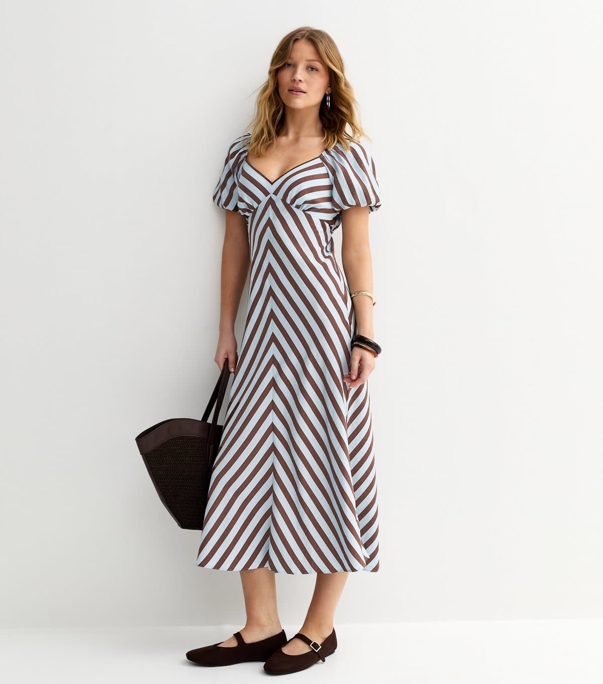 New Look Women's Blue Contrast Stripe Puff Sleeve Midi Dress New Look