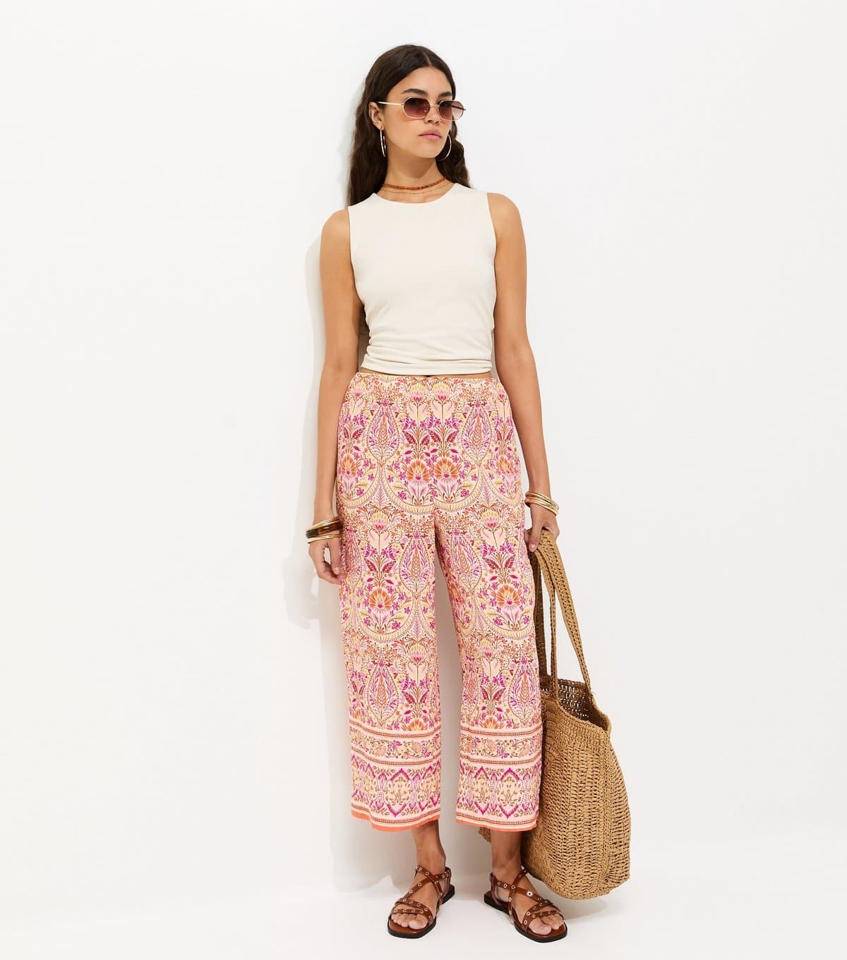 New Look Women's Pink Folk Print Cropped Trousers New Look