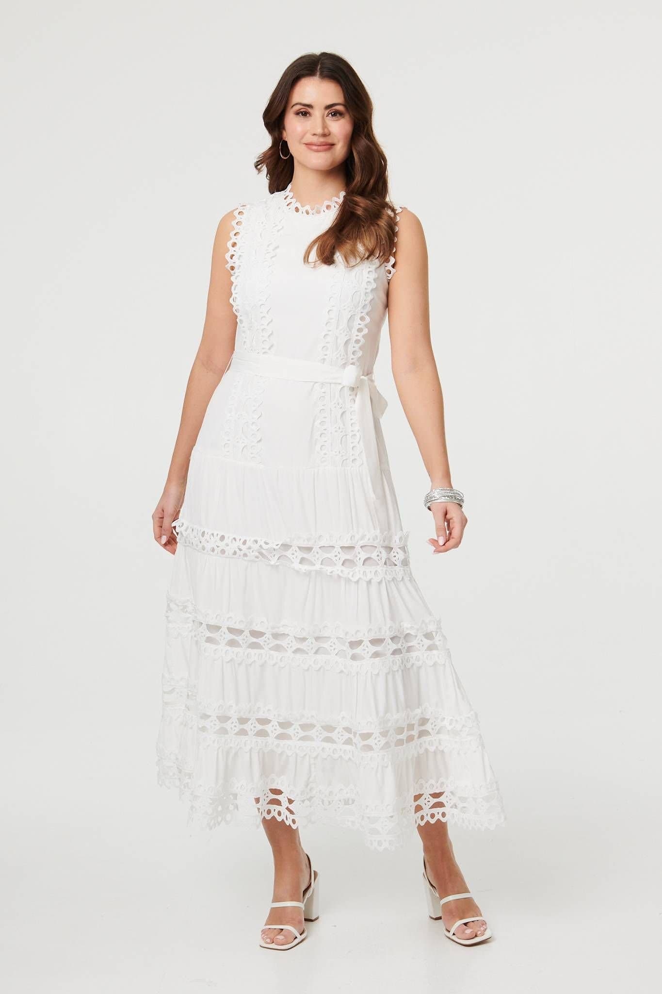 Izabel London Izabel London Women's Lace Layer Sleeveless Tie Maxi Dress in White