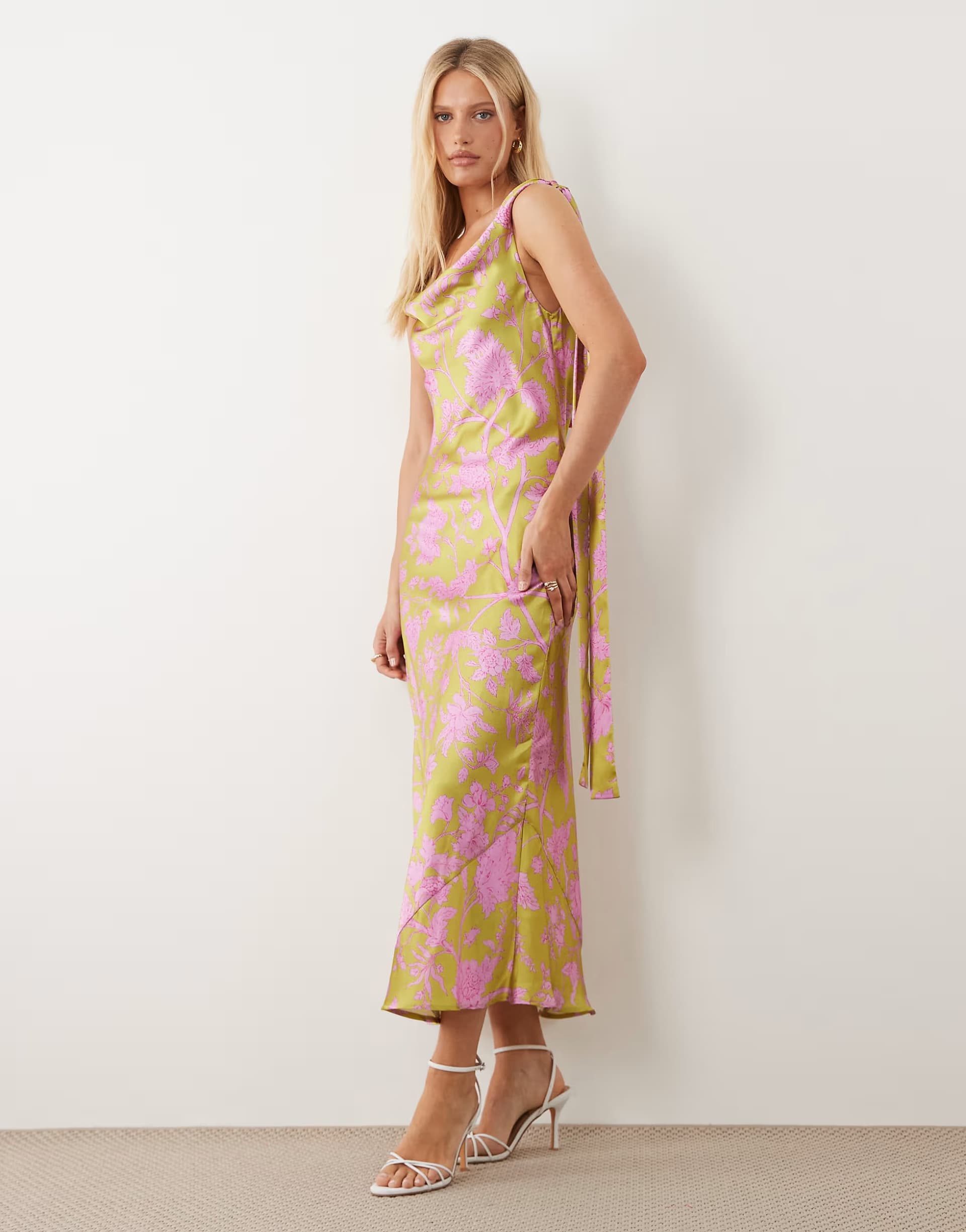 ASOS Hope & Ivy satin cowl neck scarf midi dress in green and pink floral