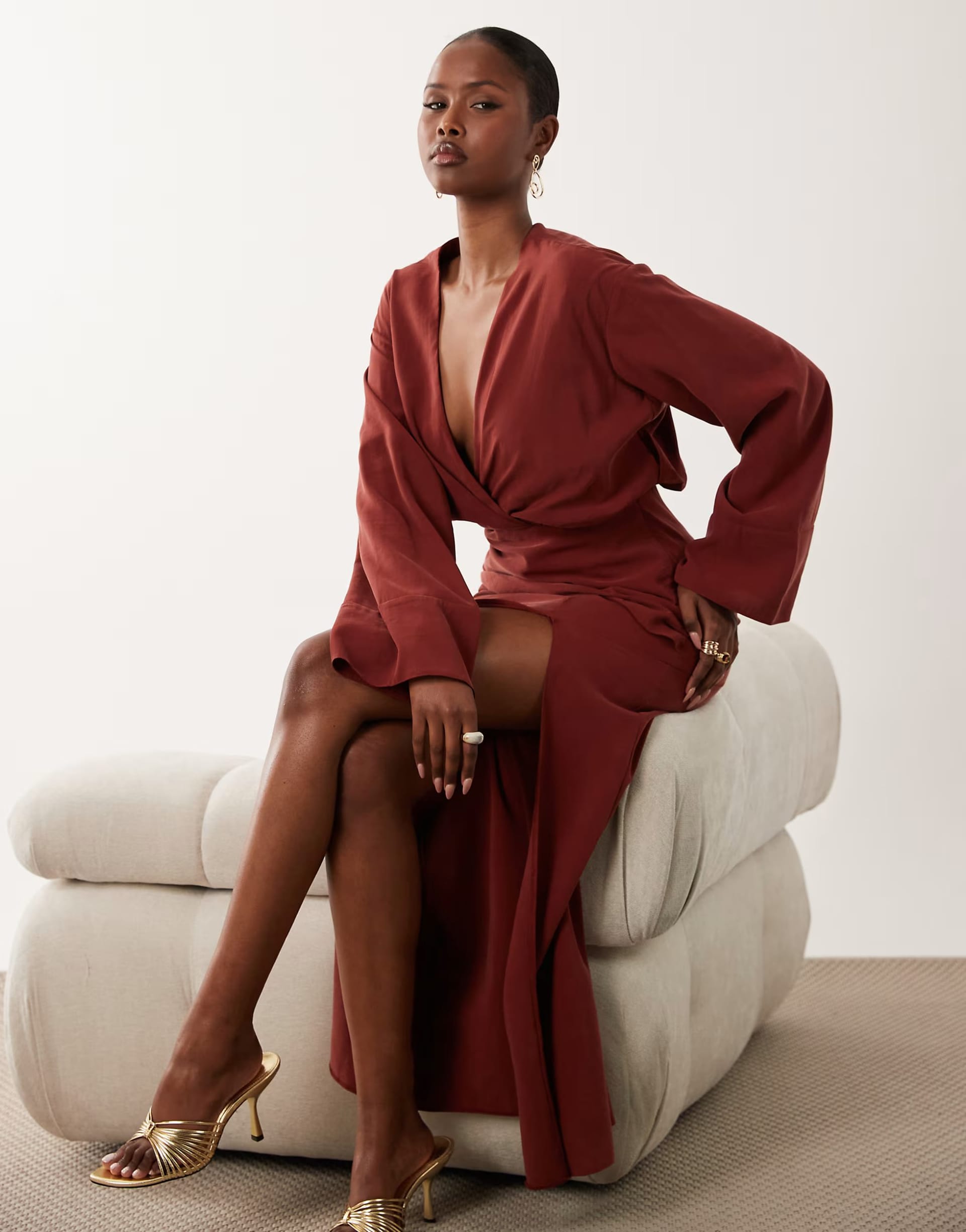 ASOS Red Satin Plunge Maxi Dress with Wide Cuffs and Side Split
