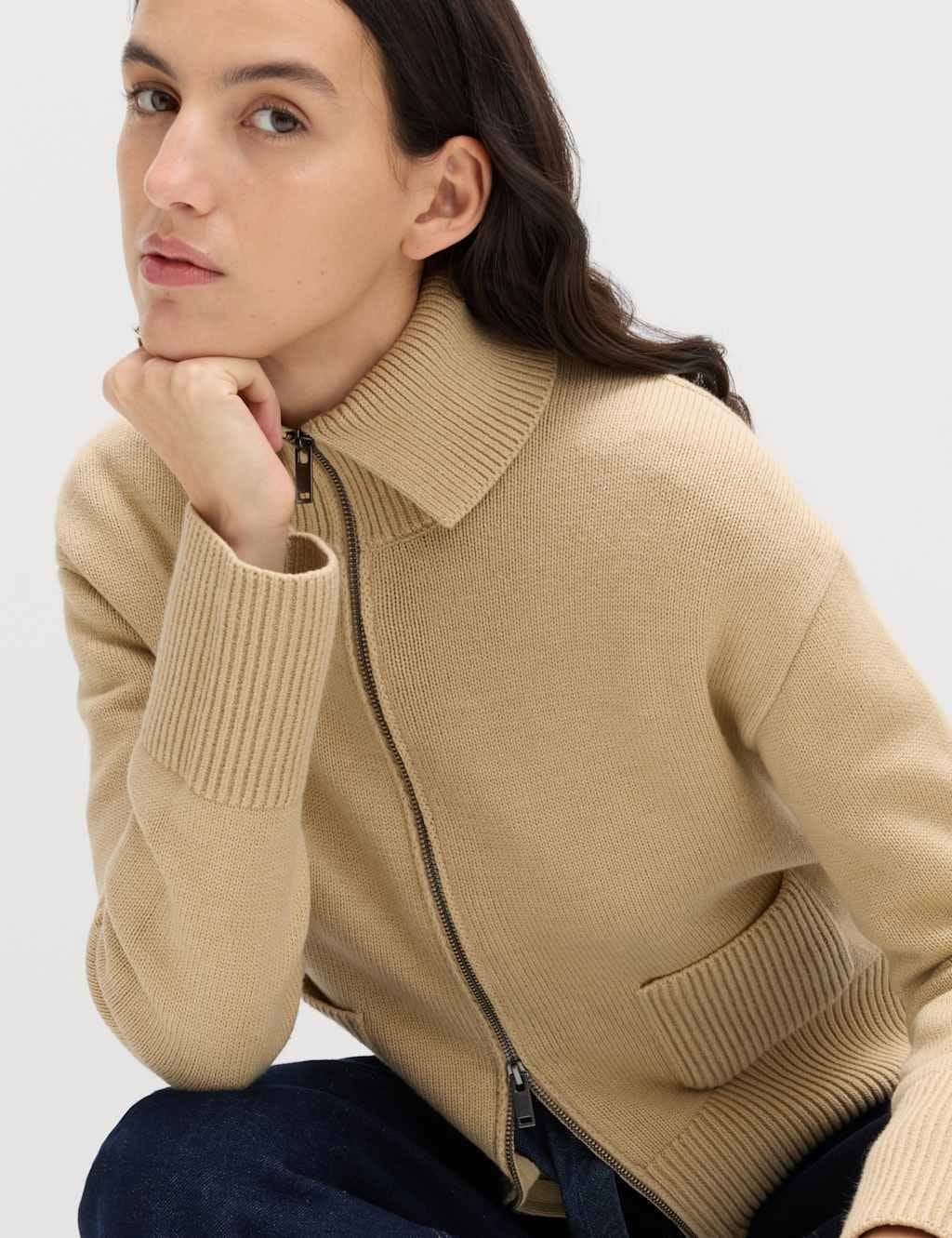 M&S Cotton Rich Pocket Detail Collared Knitted Jacket Sandstone