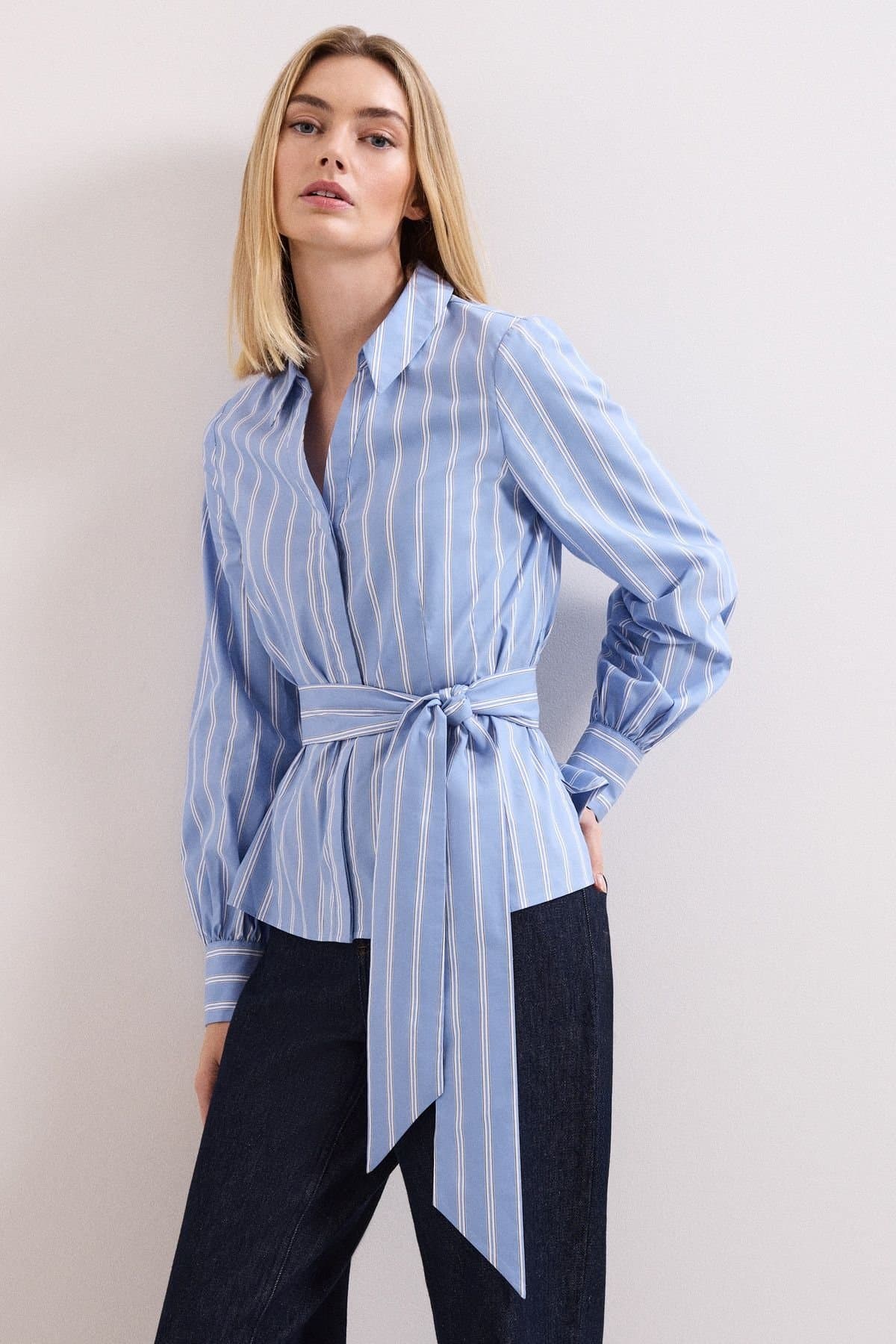 Phase Eight Phase Eight Baby Blue Striped Collared Shirt with Belt
