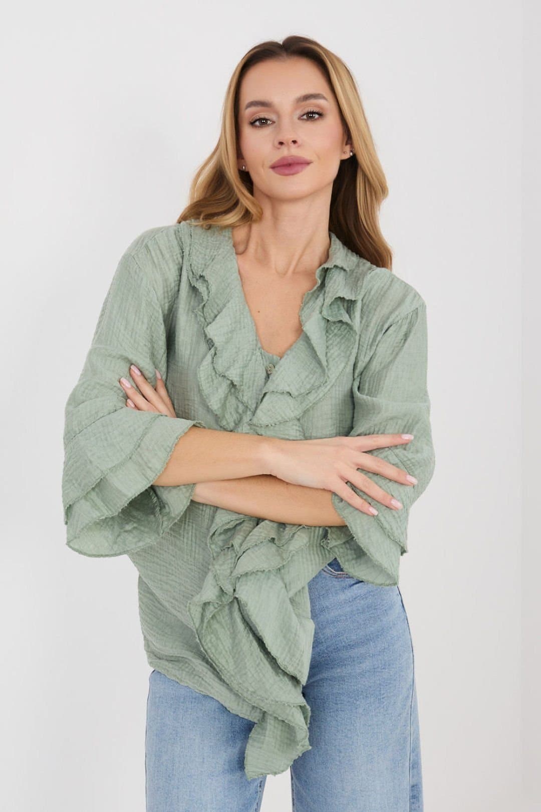 Love Lace Love Lace Women's Boho Long Sleeve V Neck Ruffle Shirt in Green