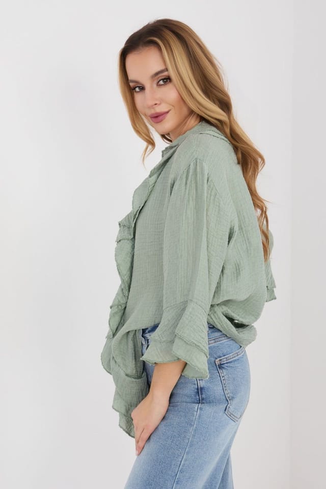 Love Lace Love Lace Women's Boho Long Sleeve V Neck Ruffle Shirt in Green - 2