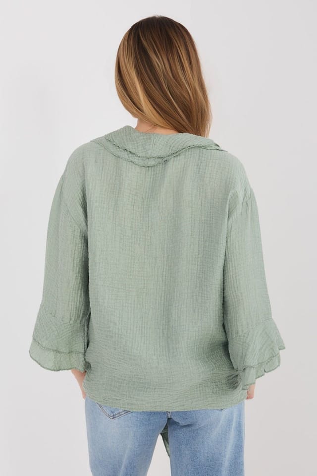 Love Lace Love Lace Women's Boho Long Sleeve V Neck Ruffle Shirt in Green - 3