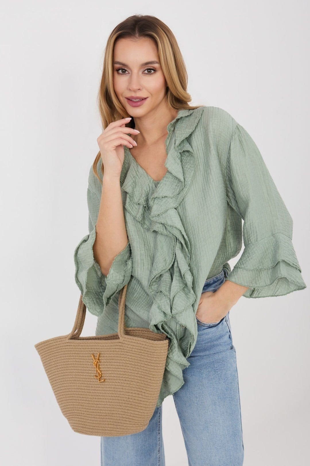 Love Lace Love Lace Women's Boho Long Sleeve V Neck Ruffle Shirt in Green - 4