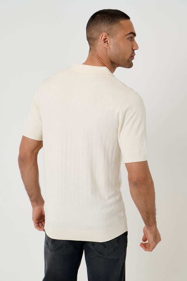 Threadbare Threadbare Men's Zig Zag Stitch Knitted Polo in Natural - 2