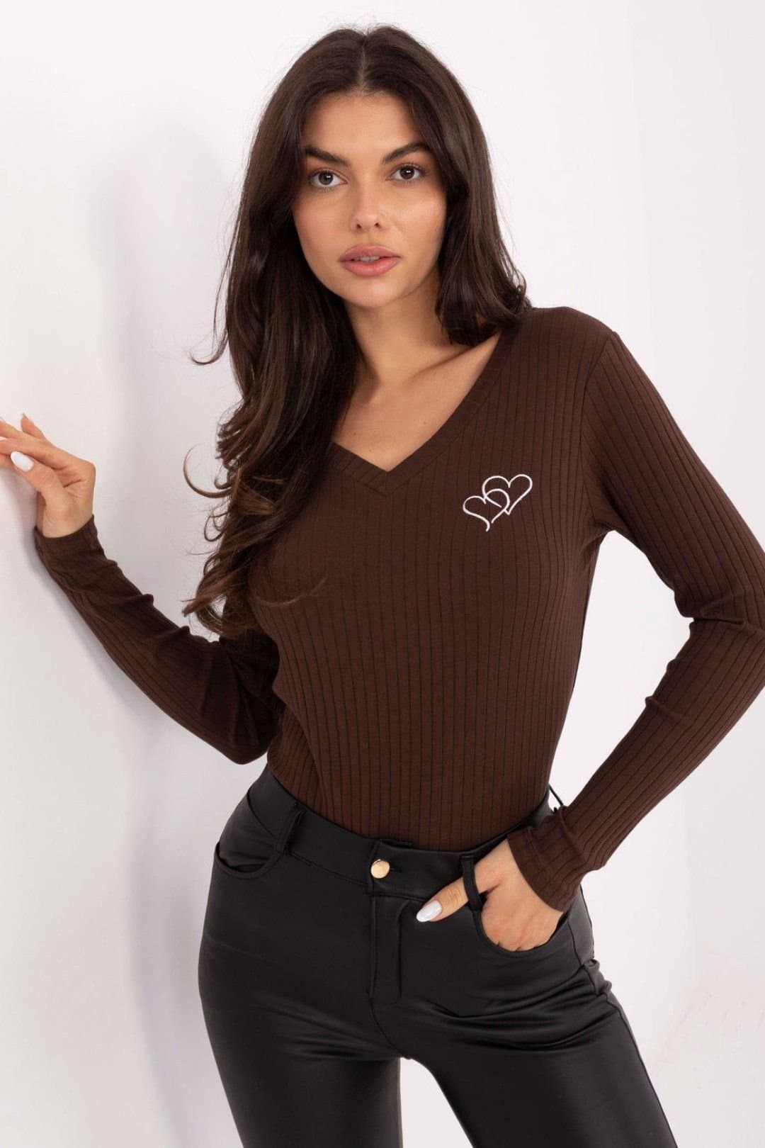 Love Lace Love Lace Women's Ribbed Cotton V Neck Blouse with Heart in Brown