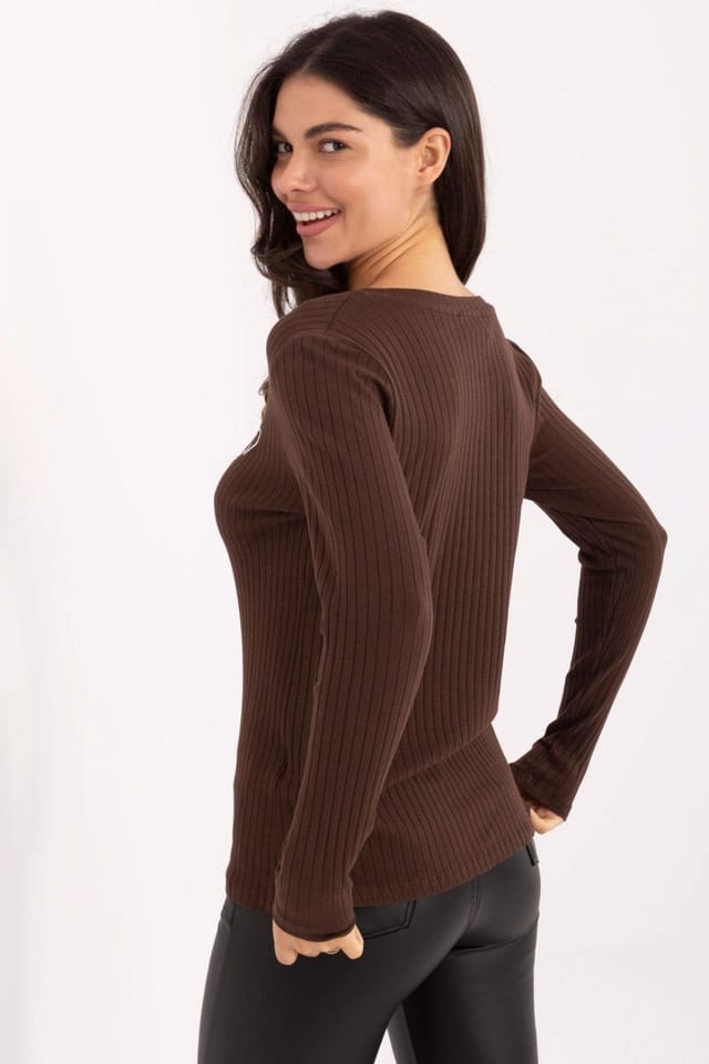 Love Lace Love Lace Women's Ribbed Cotton V Neck Blouse with Heart in Brown - 3