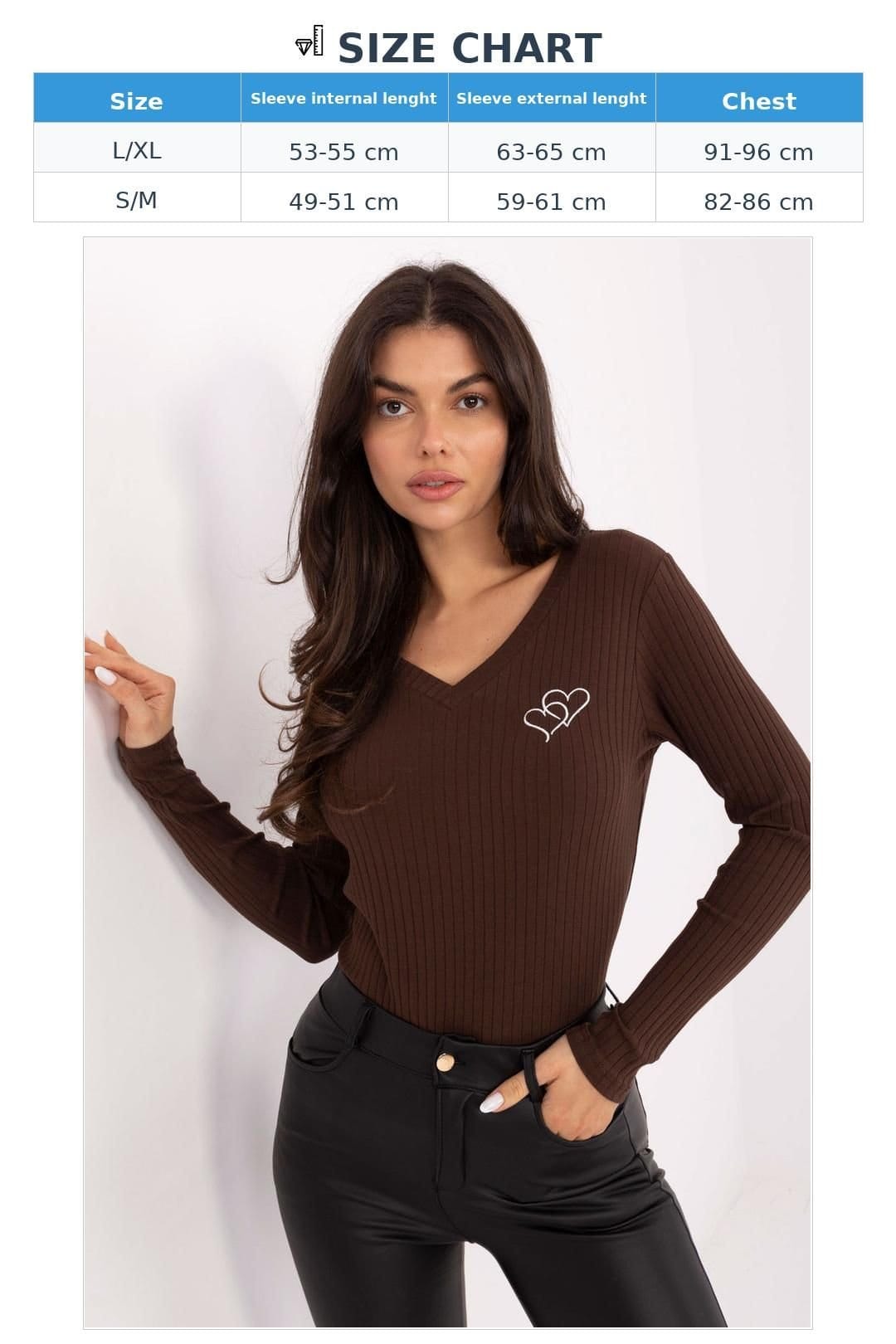 Love Lace Love Lace Women's Ribbed Cotton V Neck Blouse with Heart in Brown - 4