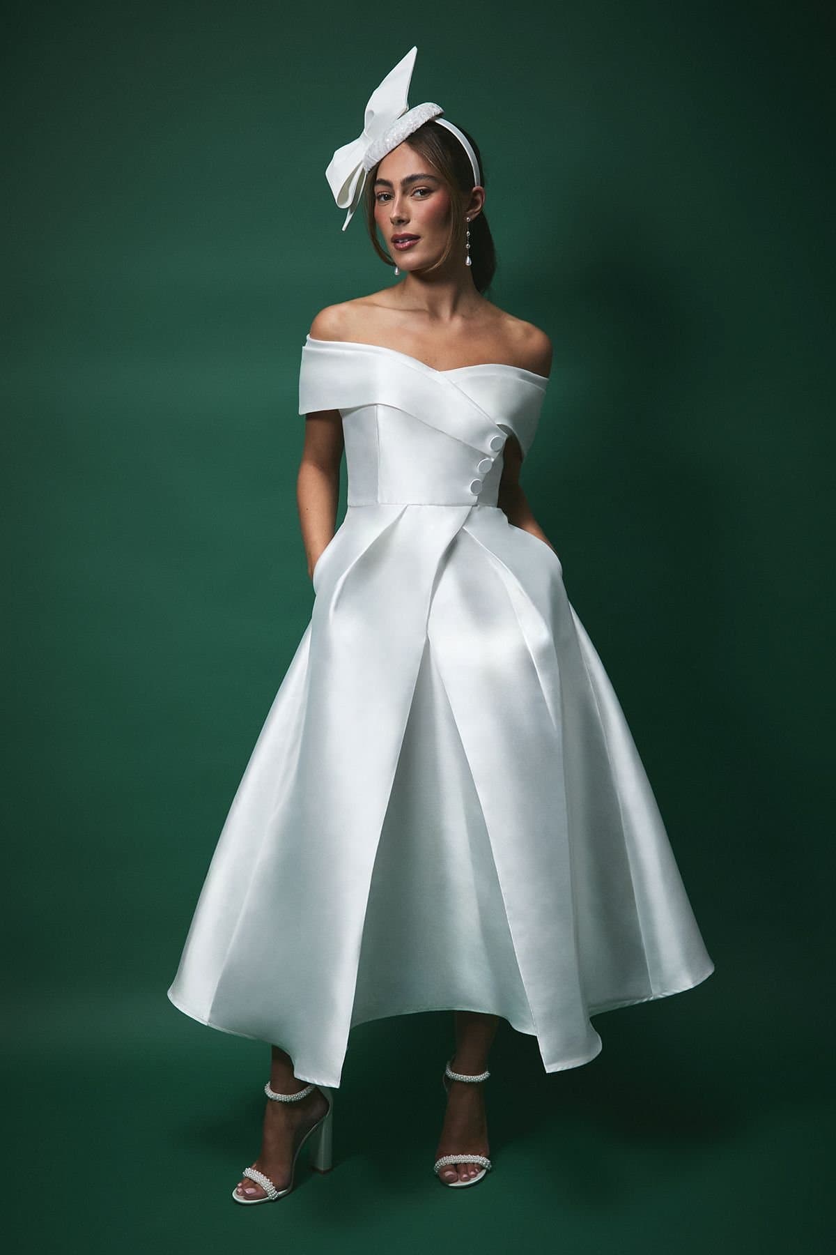 Coast Coast Women's Lisa Tan Twill Bardot Waisted Midi Wedding Dress in Ivory