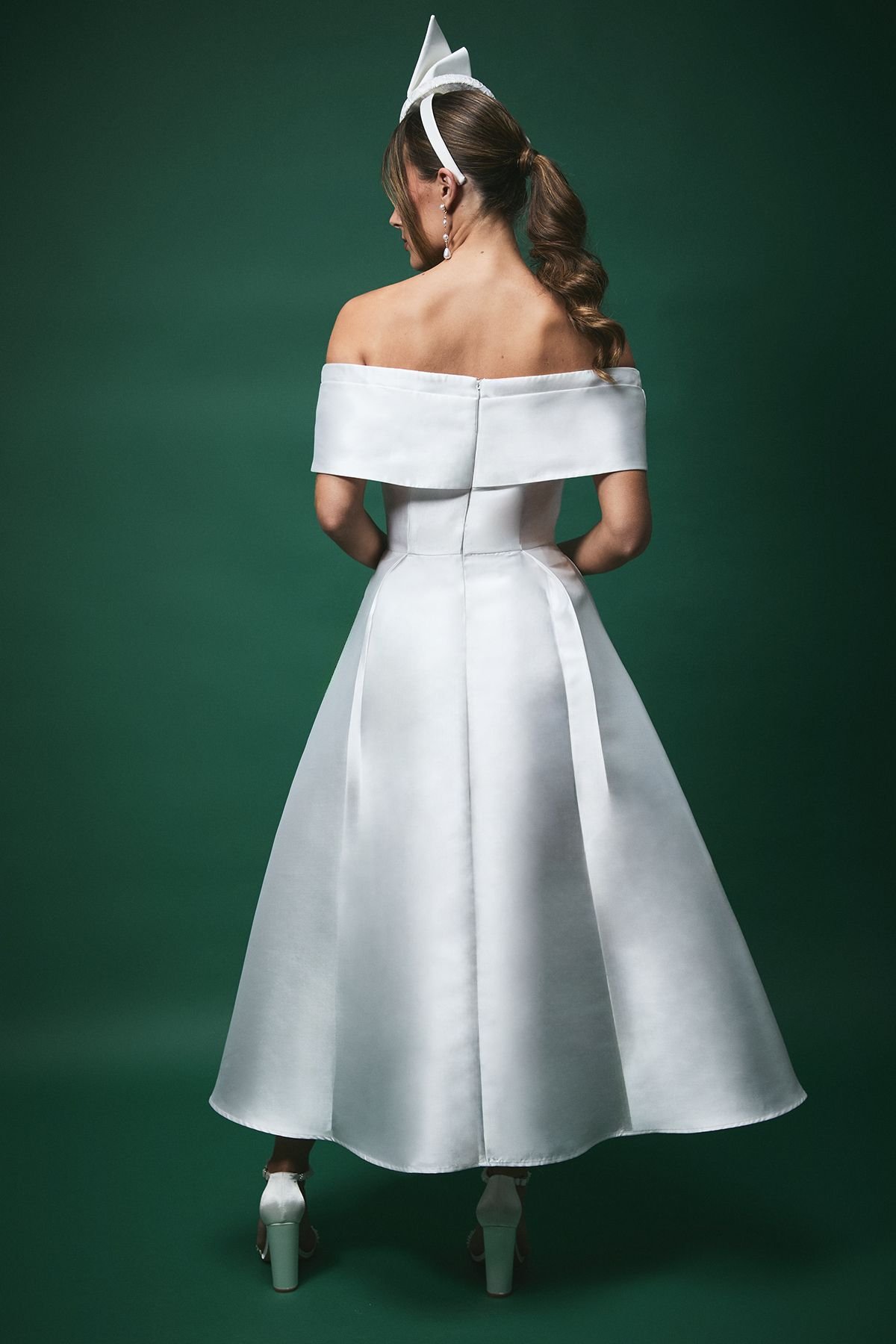 Coast Coast Women's Lisa Tan Twill Bardot Waisted Midi Wedding Dress in Ivory - 3