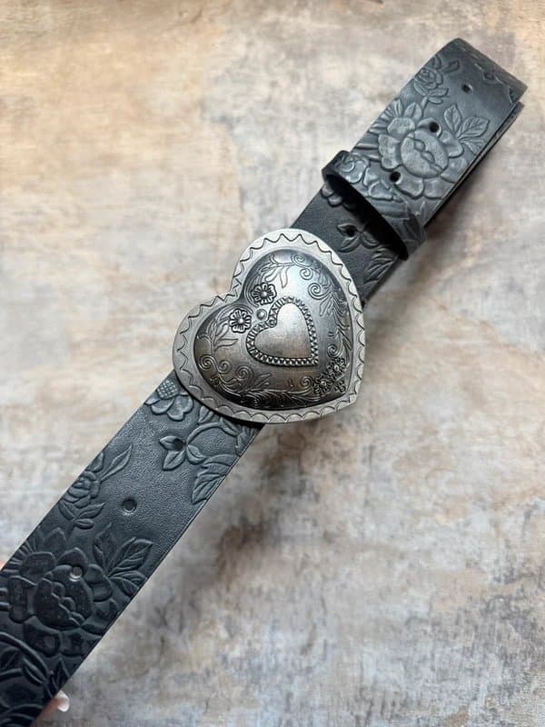 Heart Buckle Black Floral Embossed Belt - Silver Heart Buckle Whimsigoth Coquette Y2K 106 cm