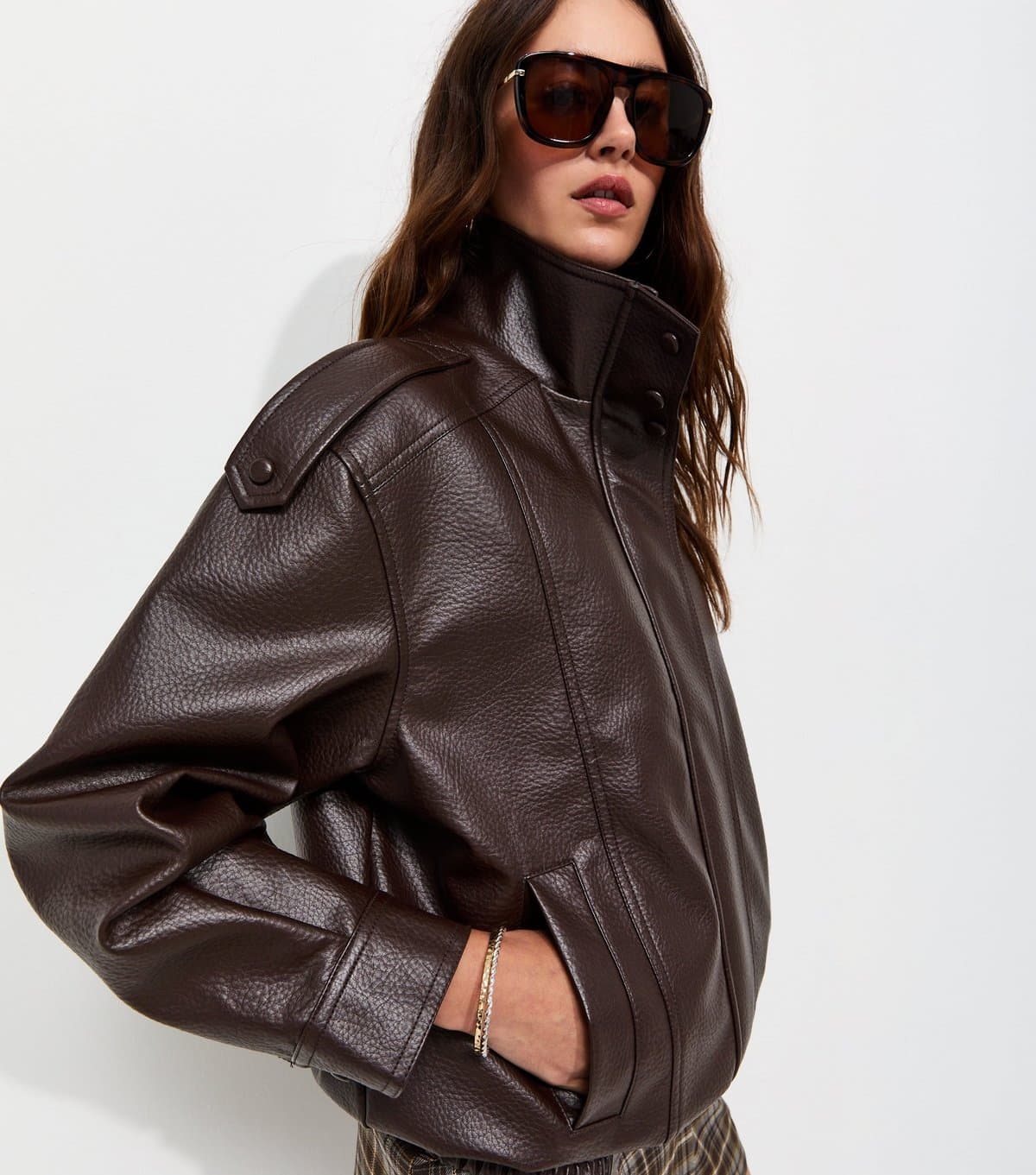 New Look Women's Dark Brown Faux Leather Funnel Neck Oversized Jacket New Look