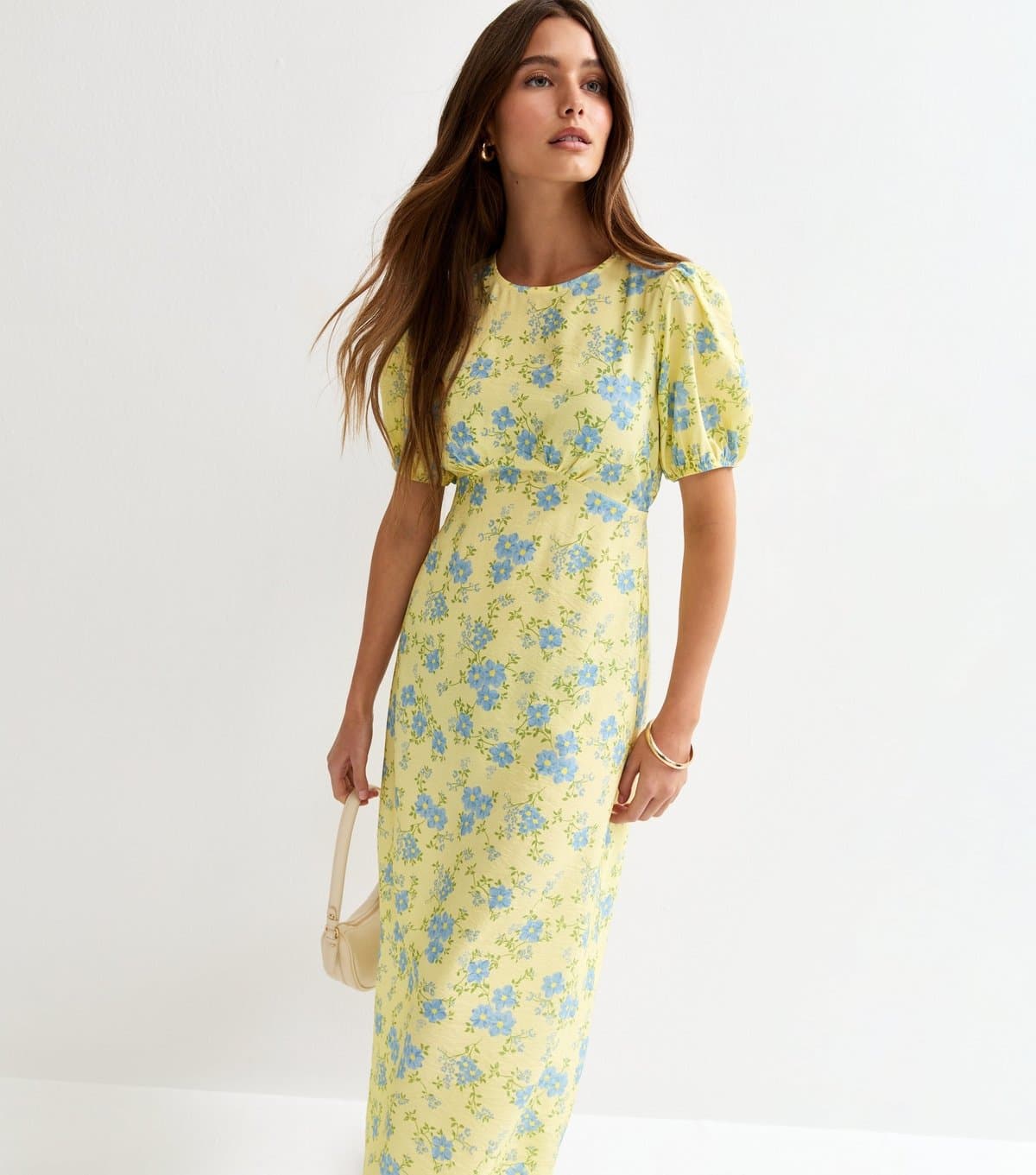 New Look Women's Light Yellow Floral Pattern Crew Neck Midi Dress New Look