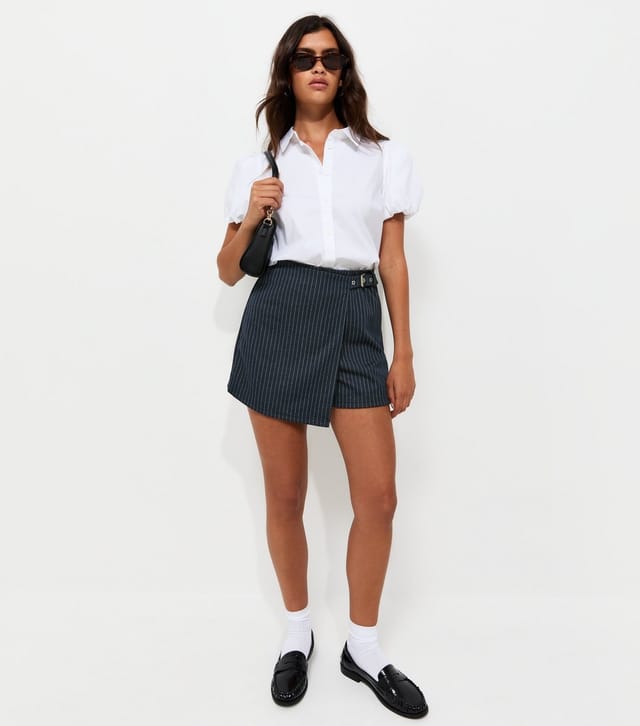 New Look Women's Blue Woven Pinstripe Buckle Detail Skort New Look - 2