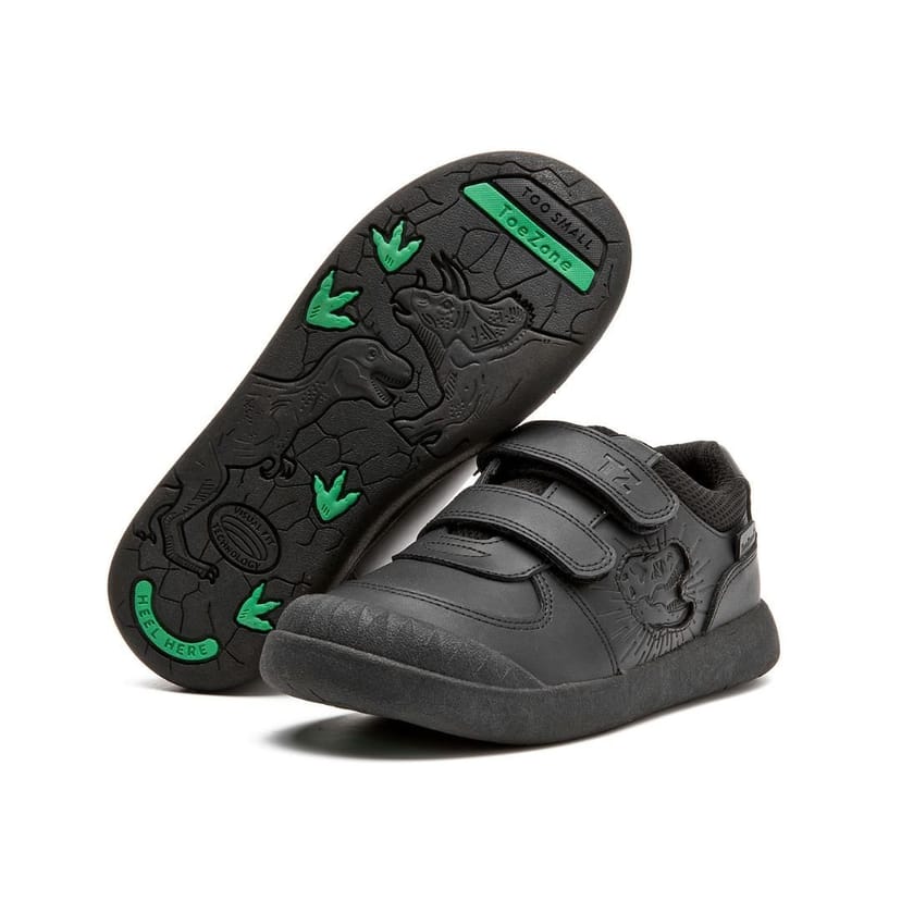 ToeZone ToeZone Men's Noah Black Rip Tape Dinosaur Character School Shoes - 1