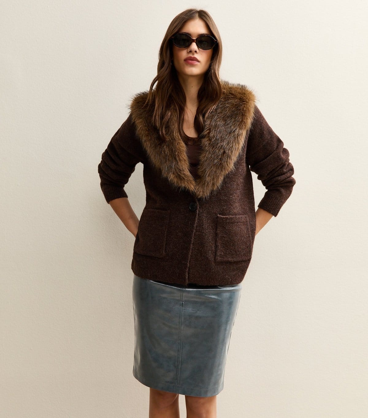 New Look Teal Cracked Faux Leather Knee-Length Skirt