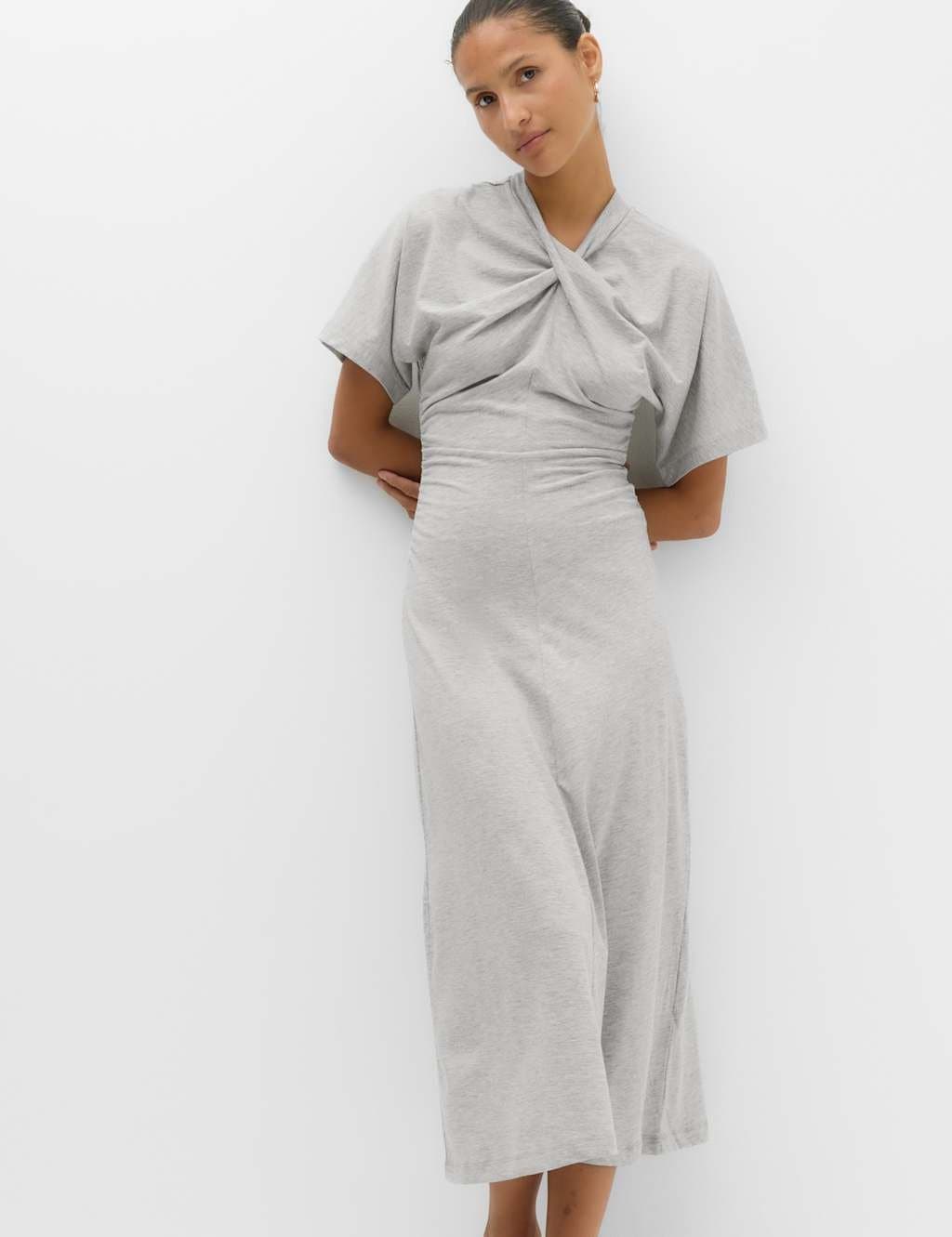 Marks & Spencer M&S Cotton Blend Jersey Twist Detail Midi Column Dress Grey Marl