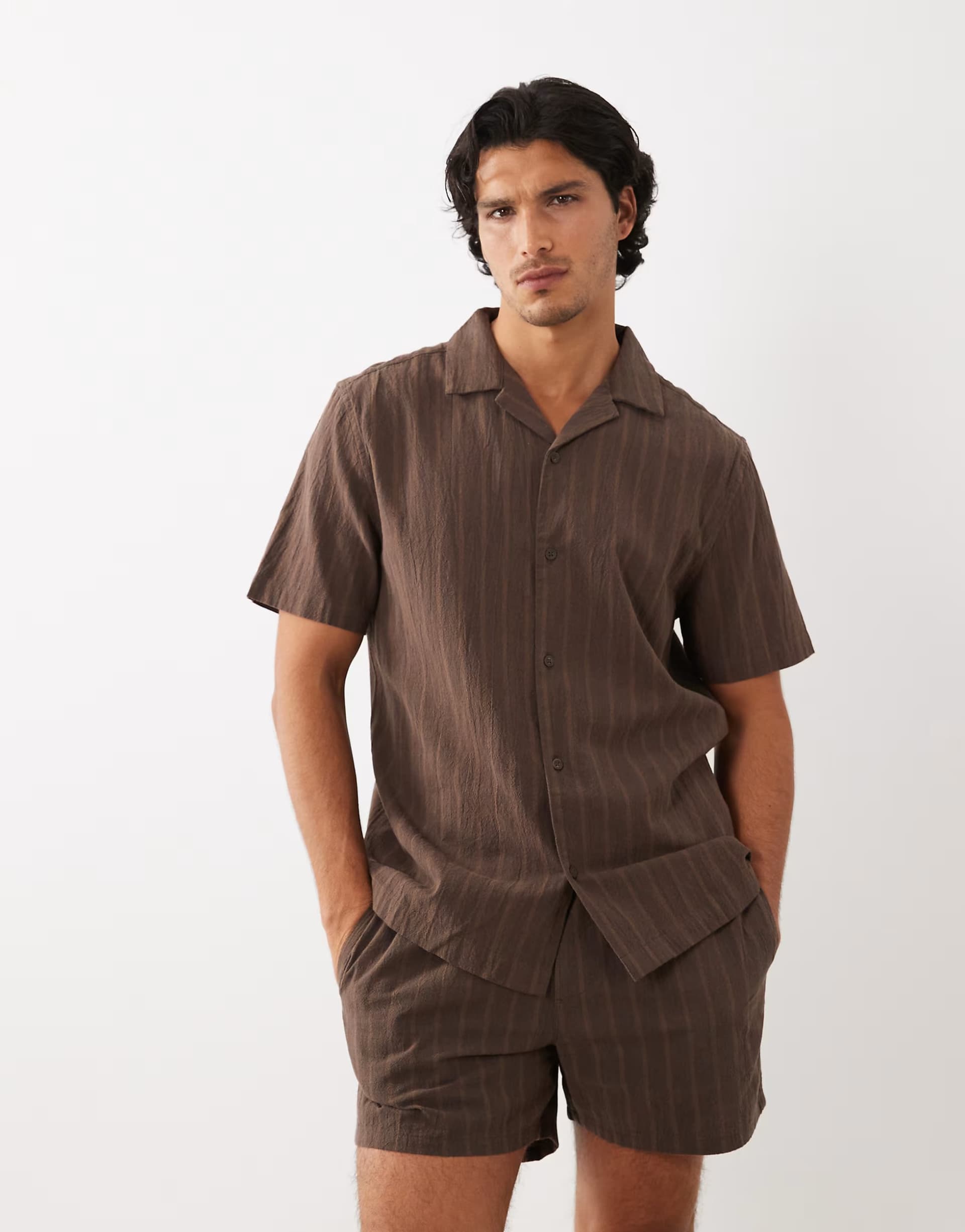 ASOS ASOS DESIGN co-ord regular fit linen look stripe shirt in brown
