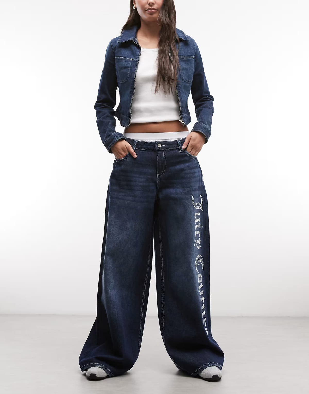 ASOS Juicy Couture straight leg diamante logo low rise jeans in mid wash blue - 1