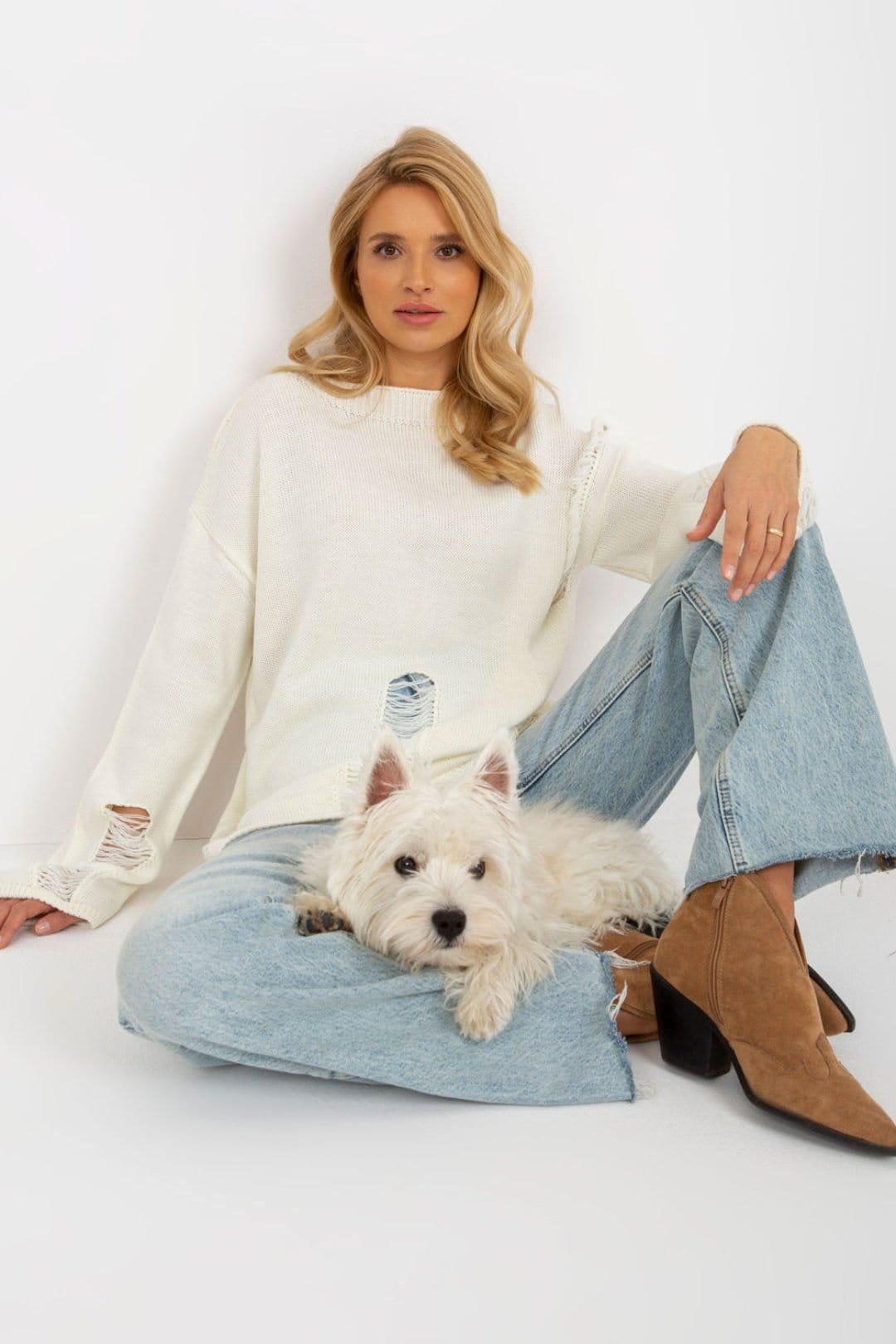 Love Lace Off-White Boat Neck Knit Sweater with Holes