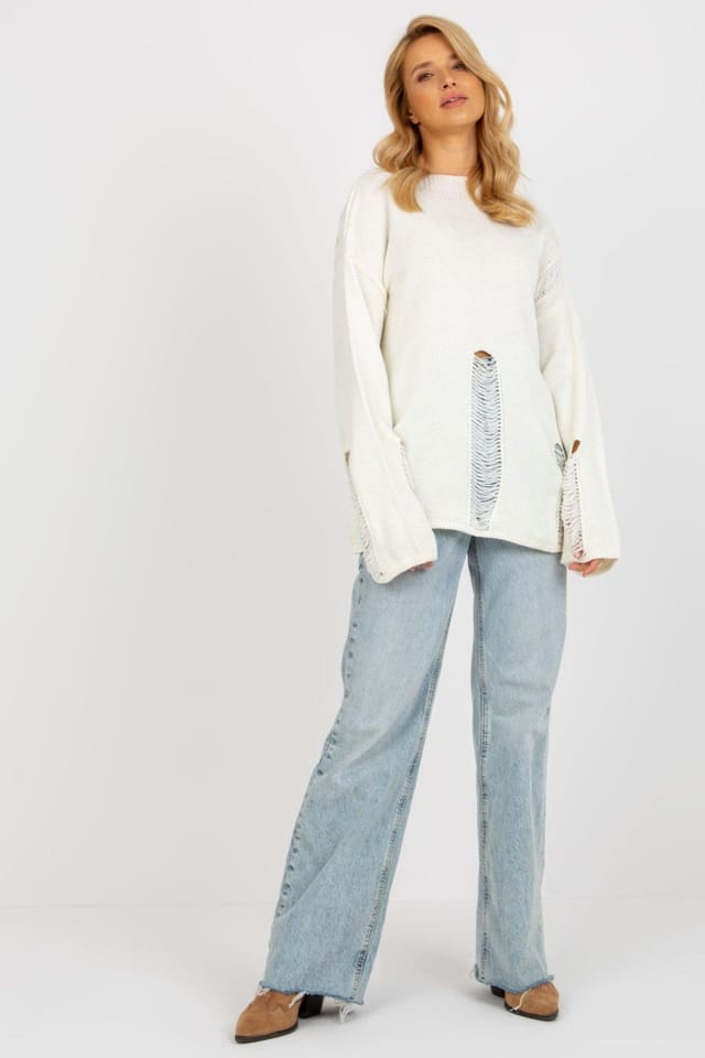 Love Lace Love Lace Women's Casual Boat Neck Knit Sweater with Holes in Off-White - 2