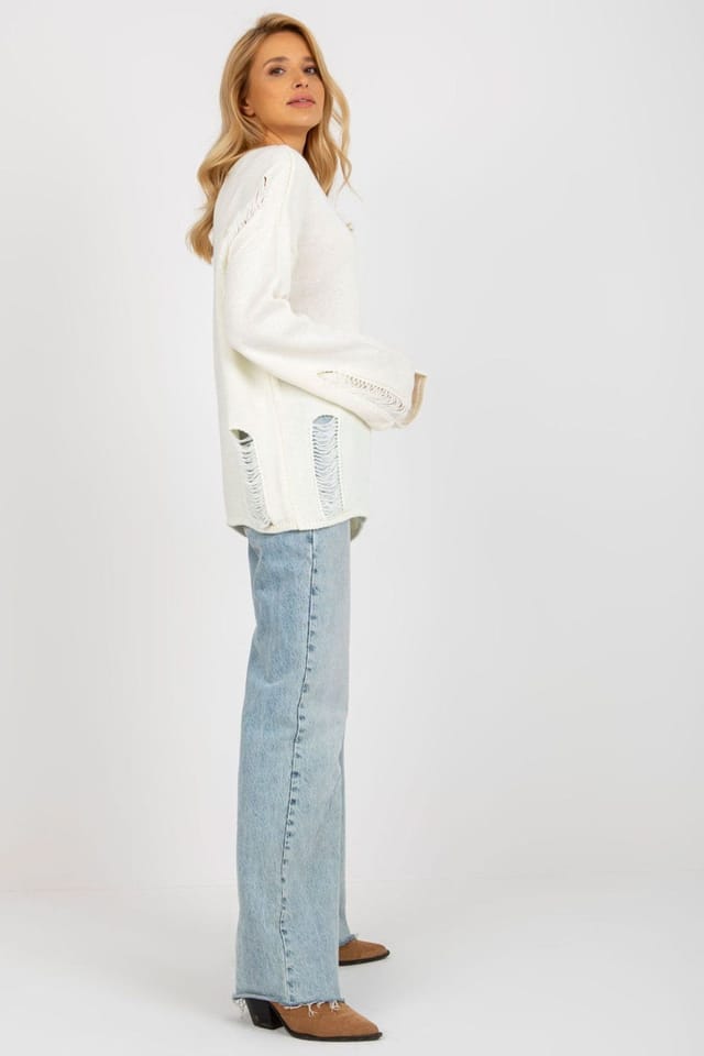Love Lace Love Lace Women's Casual Boat Neck Knit Sweater with Holes in Off-White - 3