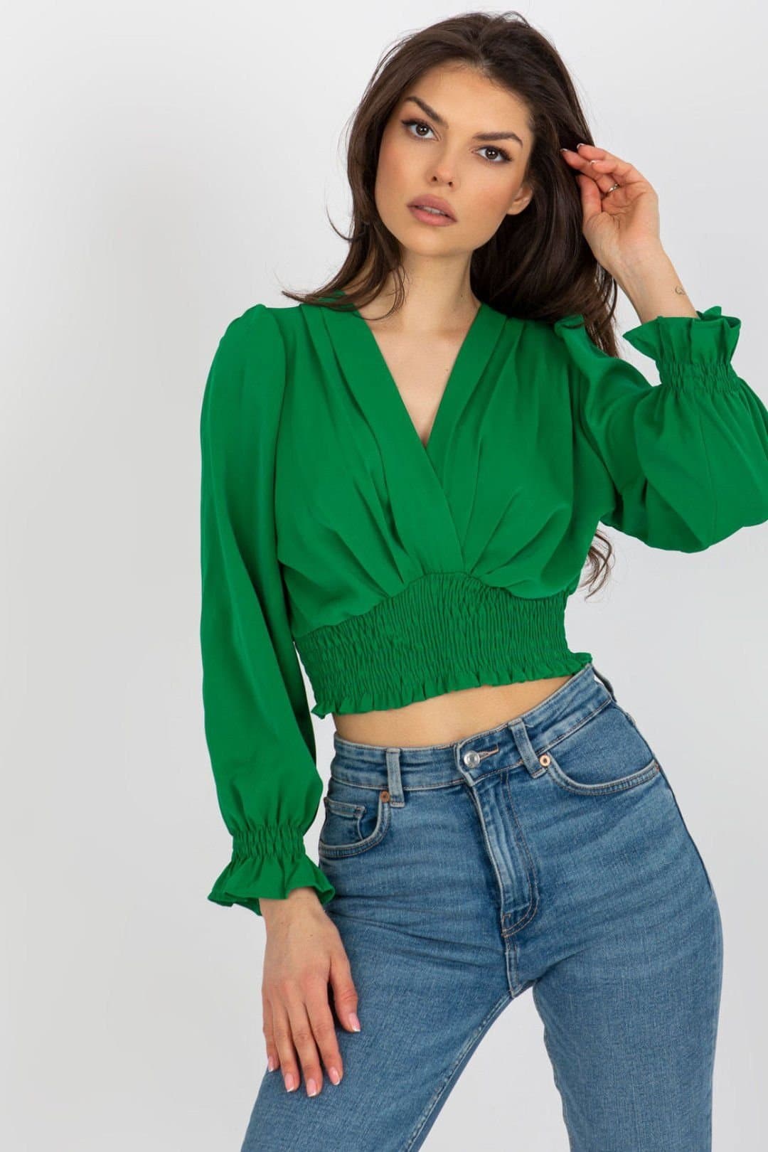 Love Lace Love Lace Women's Envelope Neck Long Sleeve Blouse Elastic Hem in Green