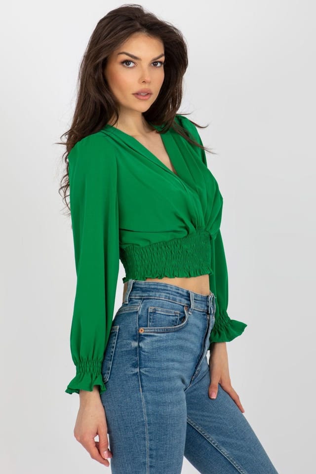 Love Lace Love Lace Women's Envelope Neck Long Sleeve Blouse Elastic Hem in Green - 2