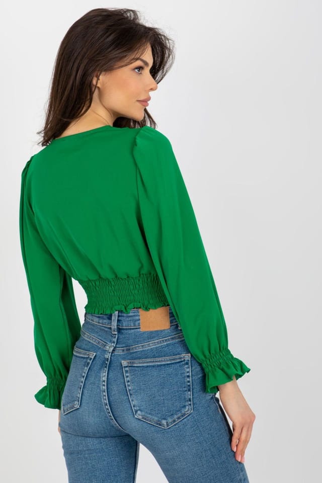 Love Lace Love Lace Women's Envelope Neck Long Sleeve Blouse Elastic Hem in Green - 3