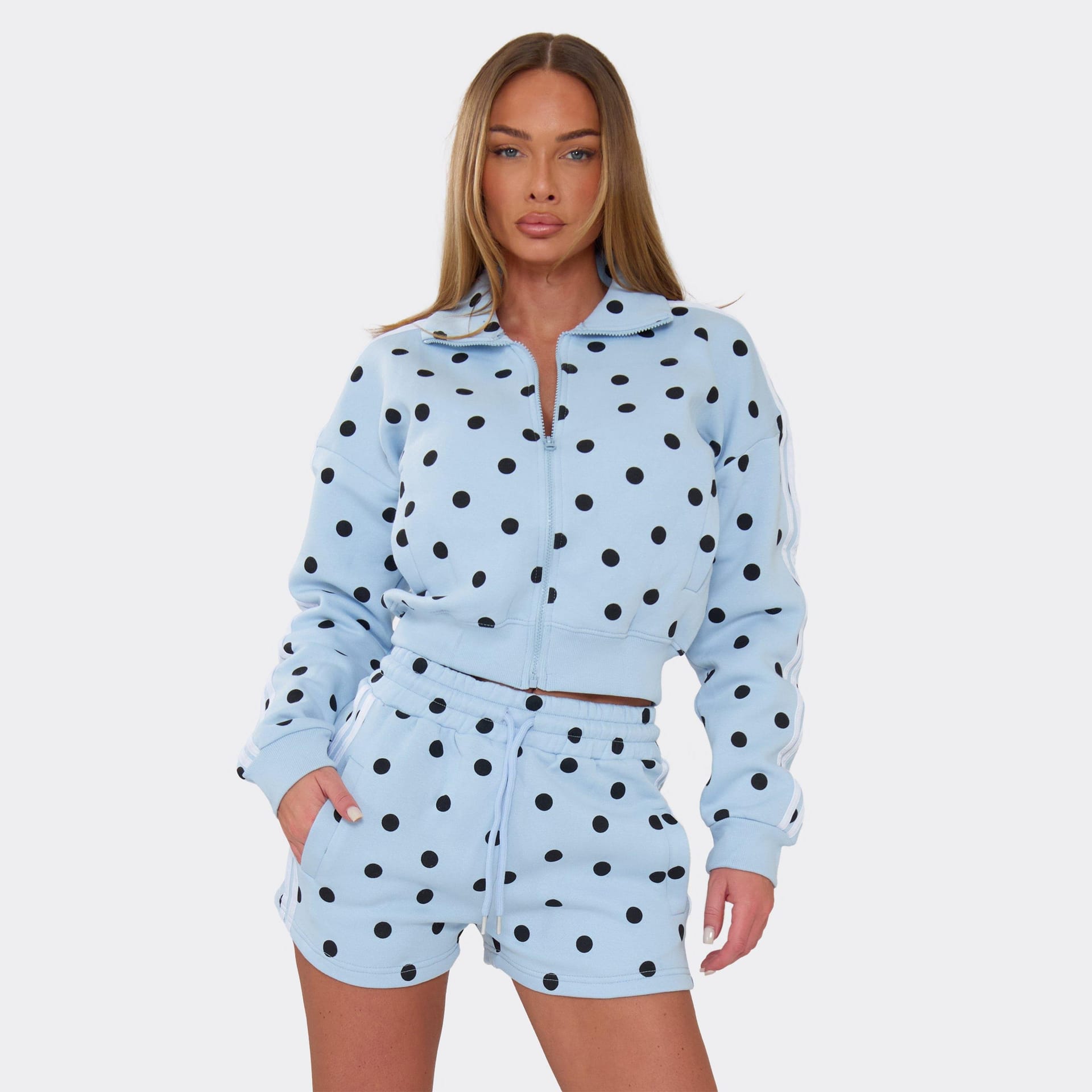 EGO Blue Polka Dot Long Sleeve Zip-Up Jacket And Shorts Co-Ord