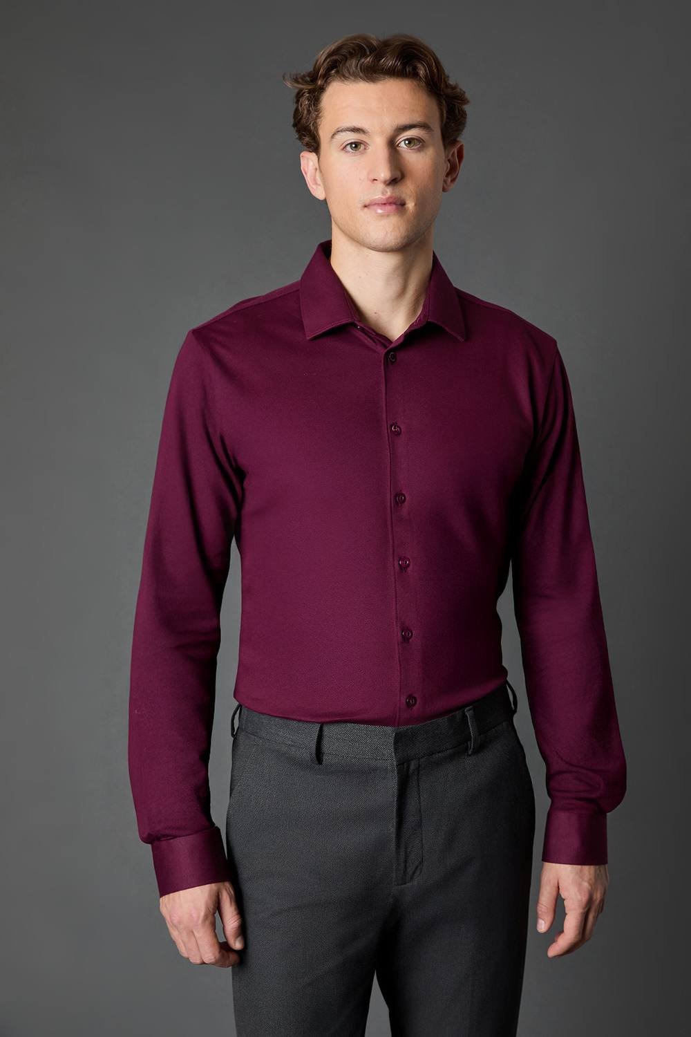 Burton Burton Men's Burgundy Pique Slim Fit Long Sleeve Shirt - 2