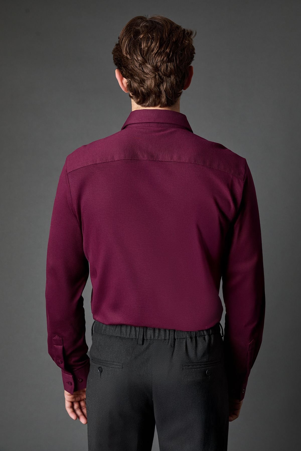 Burton Burton Men's Burgundy Pique Slim Fit Long Sleeve Shirt - 3