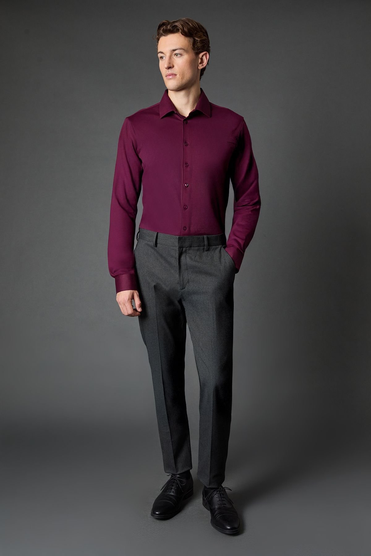 Burton Burton Men's Burgundy Pique Slim Fit Long Sleeve Shirt - 4