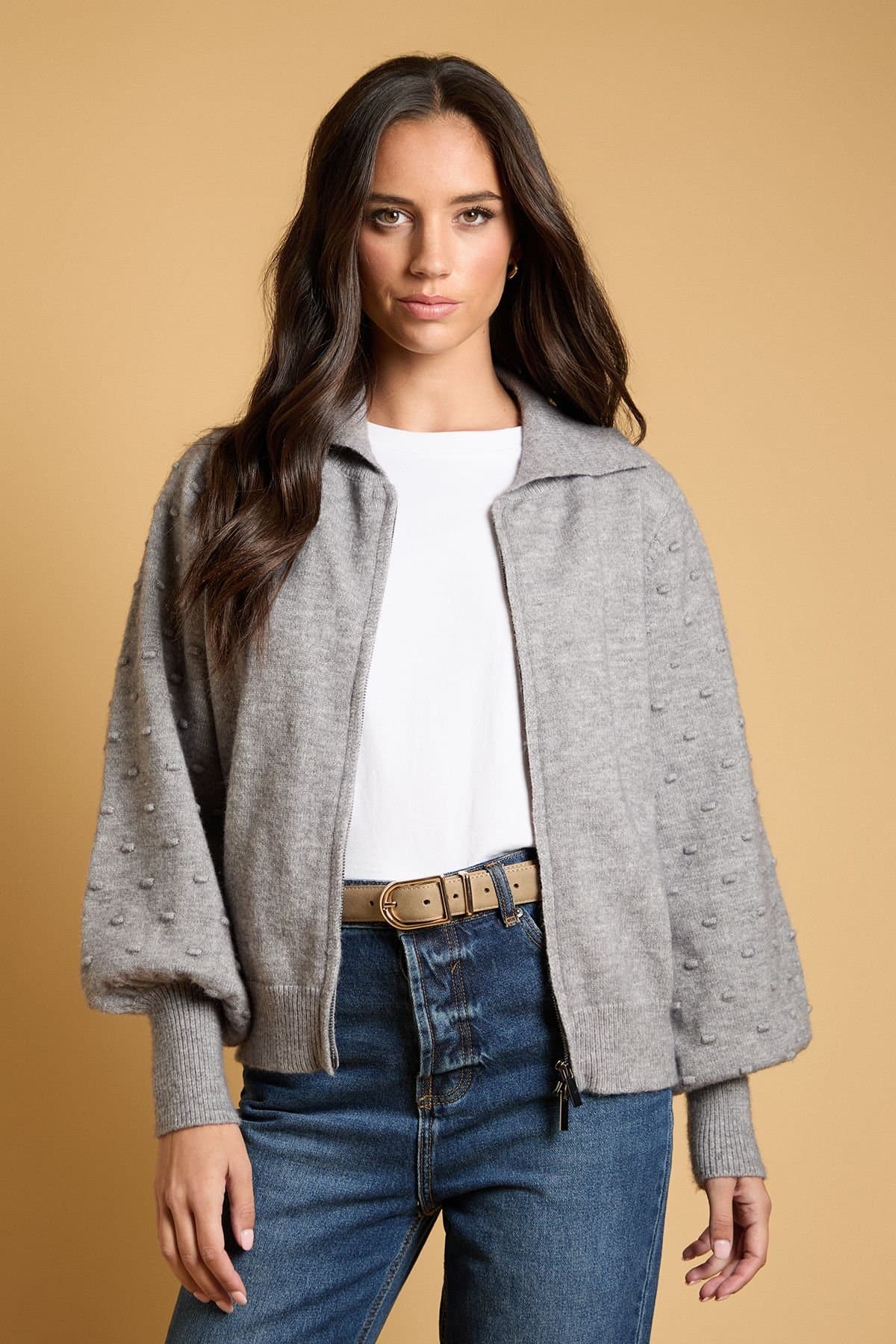 Oasis Oasis Women's Volume & Textured Sleeve Knit Jacket in Grey Marl